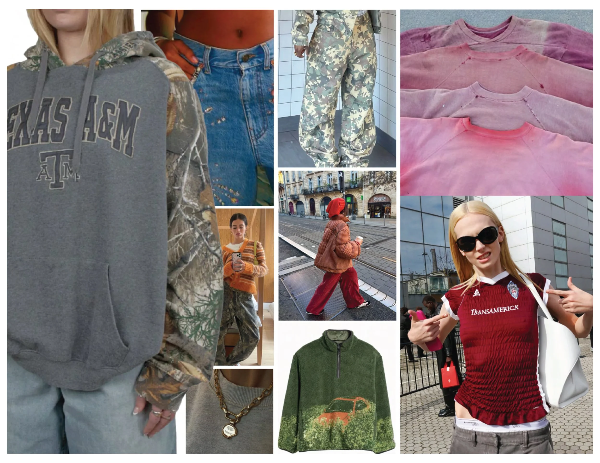 A collage of various clothing items and people wearing them, including hoodies, sweatshirts, camouflage pants, colorful sweaters, jackets, T-shirts, and accessories like necklaces and sunglasses. Some individuals are seen taking selfies or walking ou