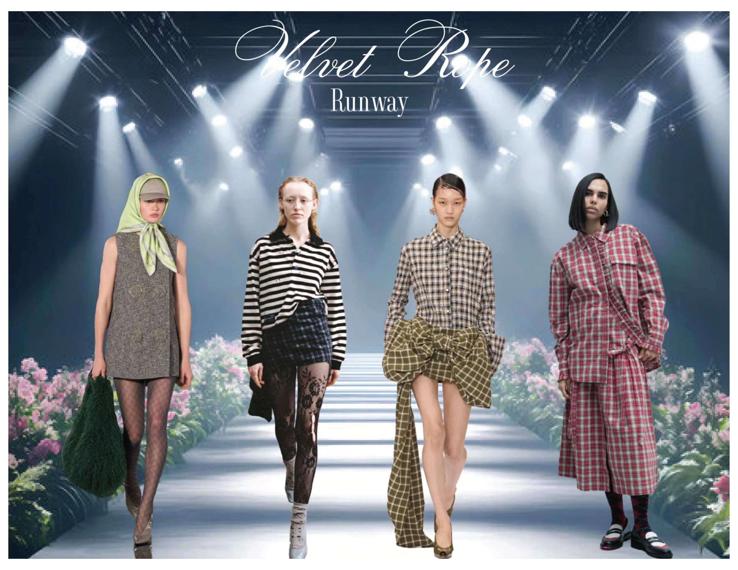 Four models walk down a runway with spotlights overhead and floral arrangements on each side, showcasing designer clothing with the text 'Velvet Rope Runway' displayed above.
