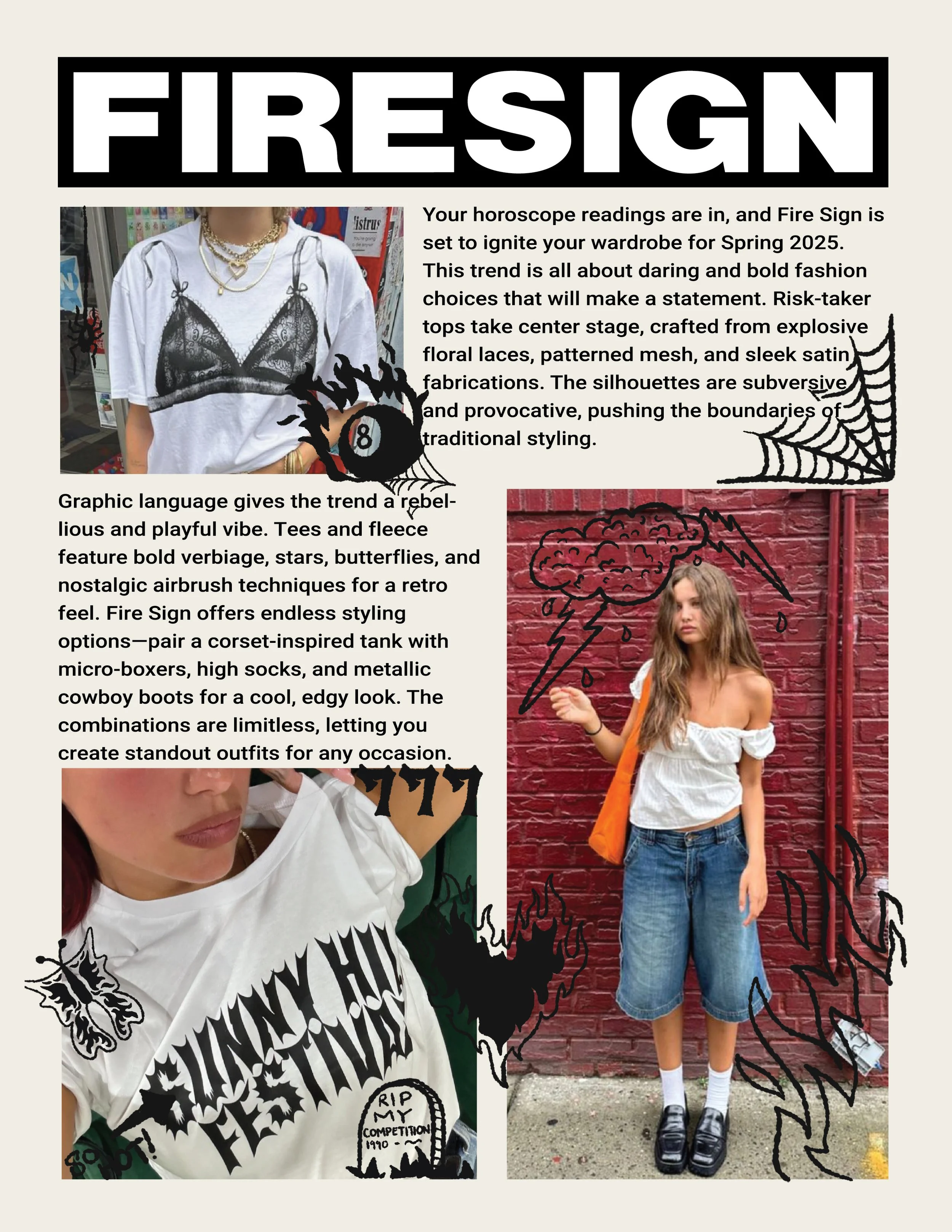A magazine page featuring fashion trend analysis with photos of young women in trendy clothing, surrounded by doodles of a spider, web, cloud, lightning, and fire, with text describing fall 2025 fashion styles and inspirations.