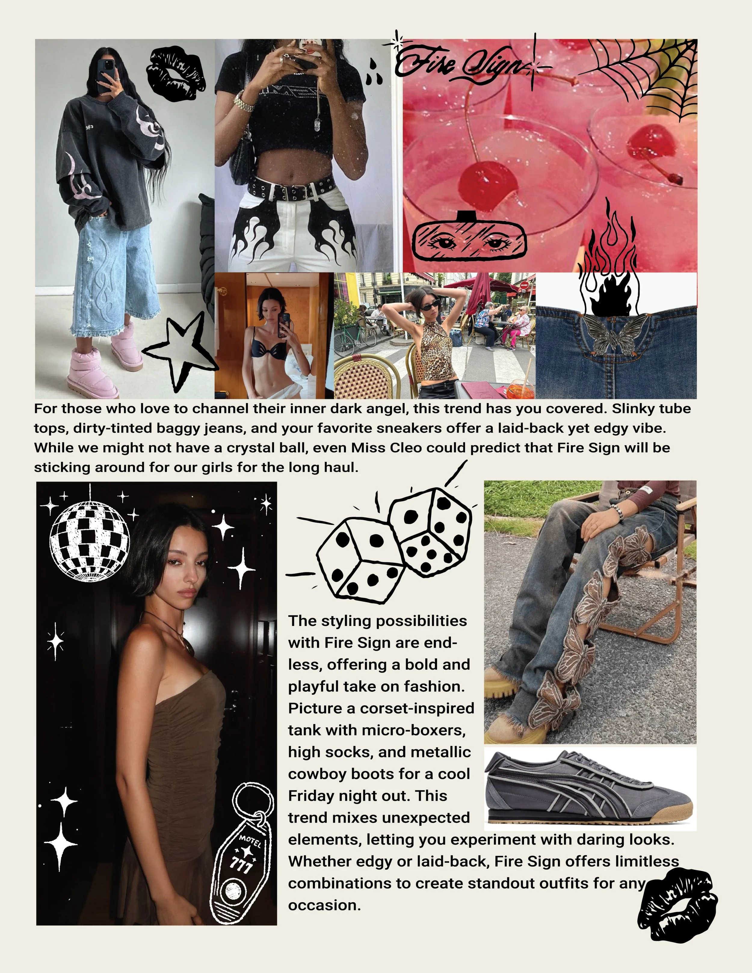 Collage of fashion and style images with text about trendy dark angel-inspired outfits, including oversized shoes, baggy jeans, and edgy accessories. Features images of women in streetwear, costumes, and accessories with doodles of lips, dice, and fl