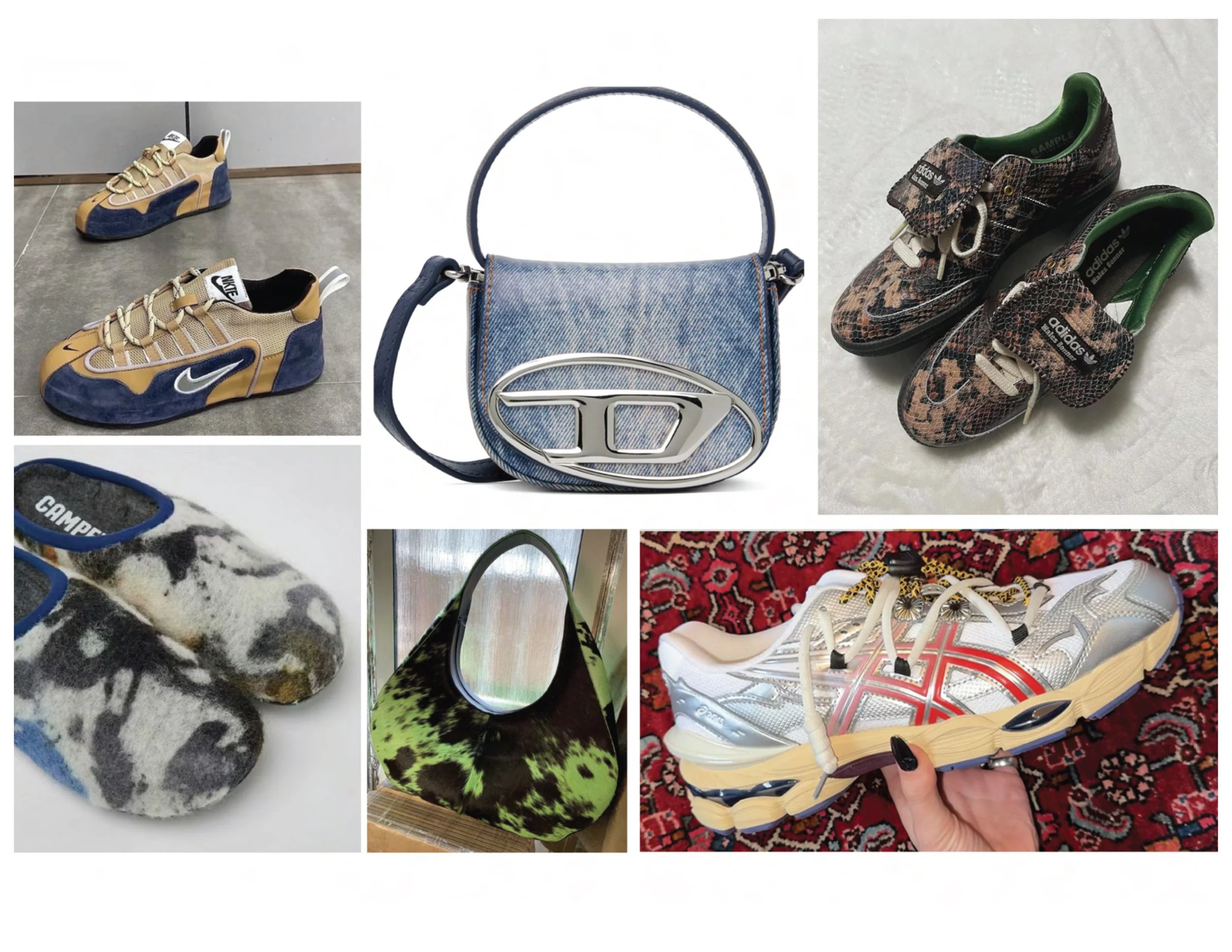 Collection of sneakers, bags, and slippers. Top left: tan and blue sneakers. Center: denim purse with metallic logo. Top right: animal print sneakers. Bottom left: white and gray slippers. Bottom middle: black and green patterned bag. Bottom right: w