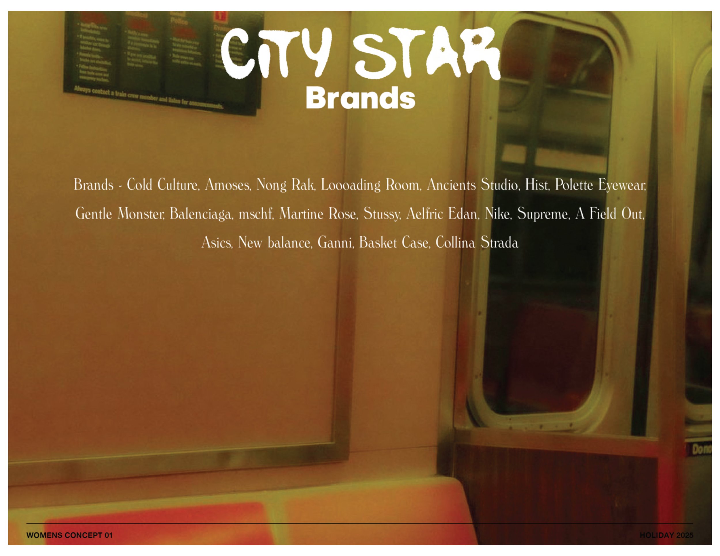 Poster on a subway wall displaying the title 'City Star Brands' and a list of clothing brands and stores, with a yellow-orange background, a train door on the right, and a small part of an orange seating area at the bottom.