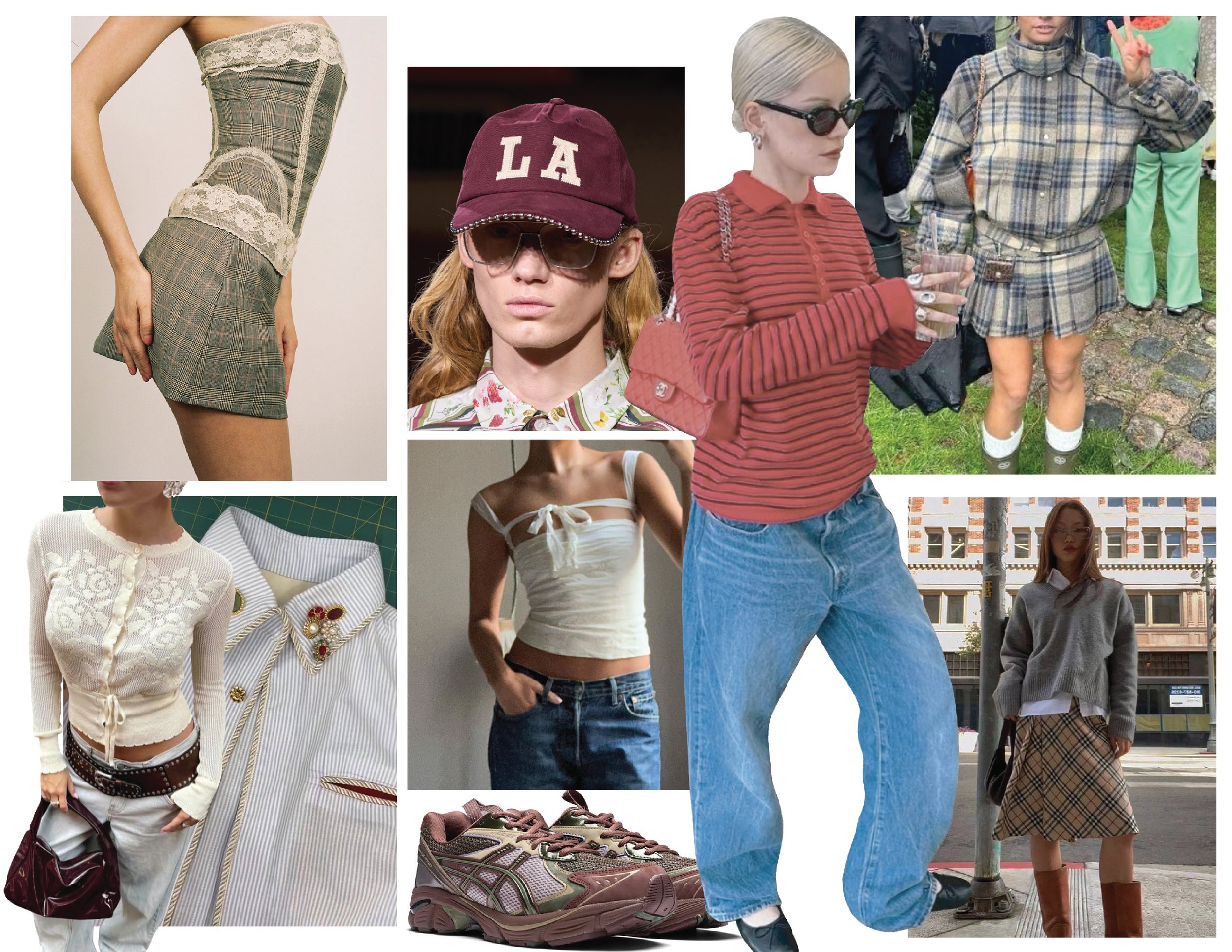 Collage of women in casual and vintage fashion including plaid skirts, striped tops, sweaters, athletic shoes, and accessories such as sunglasses, hats, and handbags.
