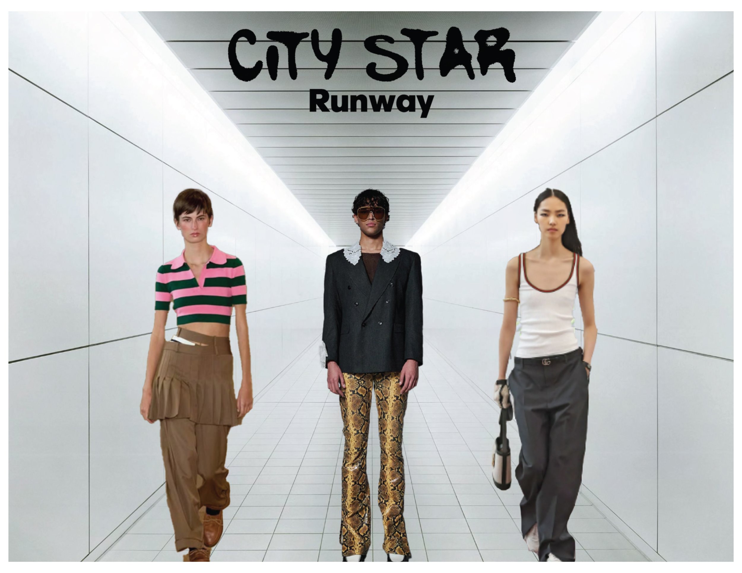 Three models walking down a futuristic runway at 'City Star' fashion show, with white walls and ceiling, and the 'City Star' logo above.