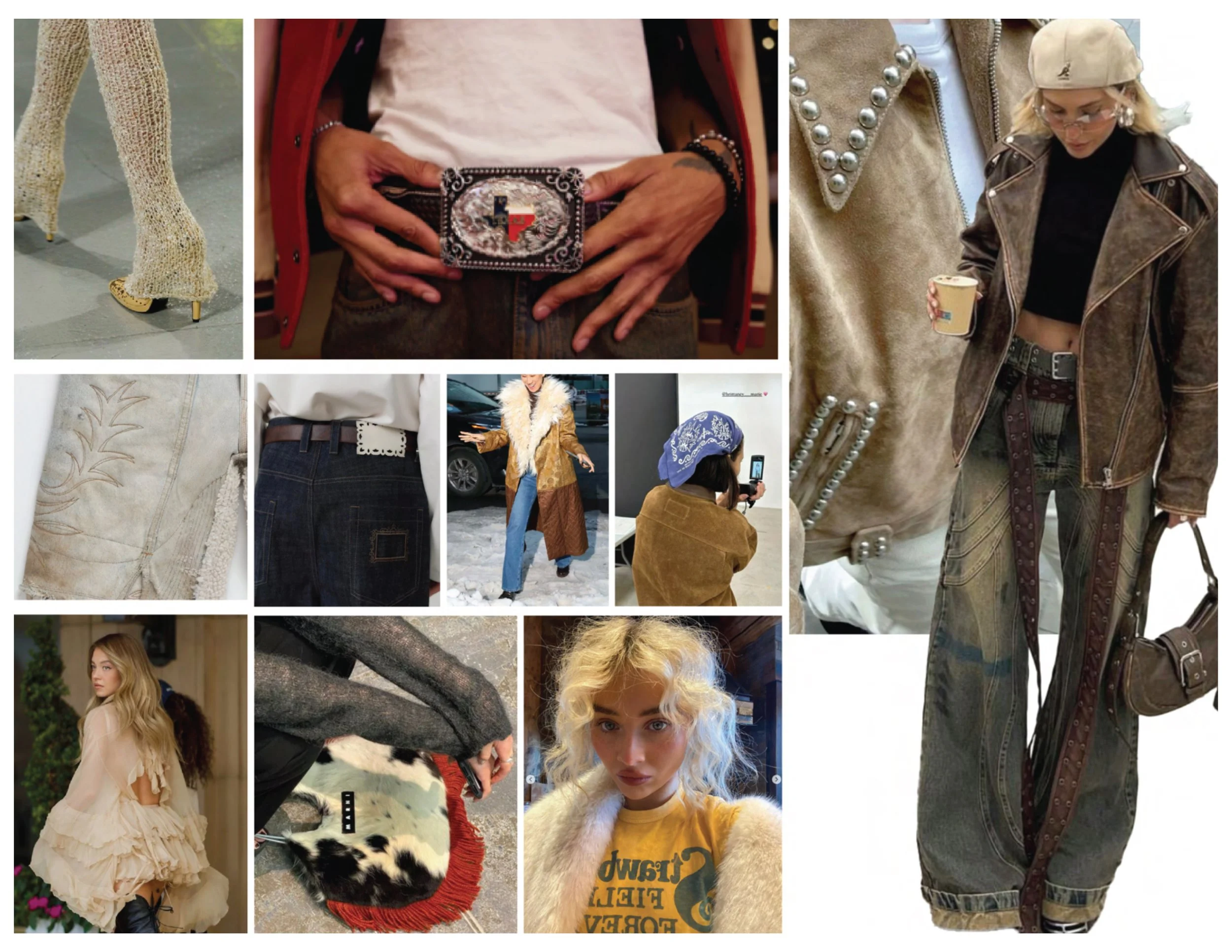 A collage of fashion photos featuring various clothing styles, accessories, and people in trendy outfits, including jeans, jackets, dresses, and footwear.
