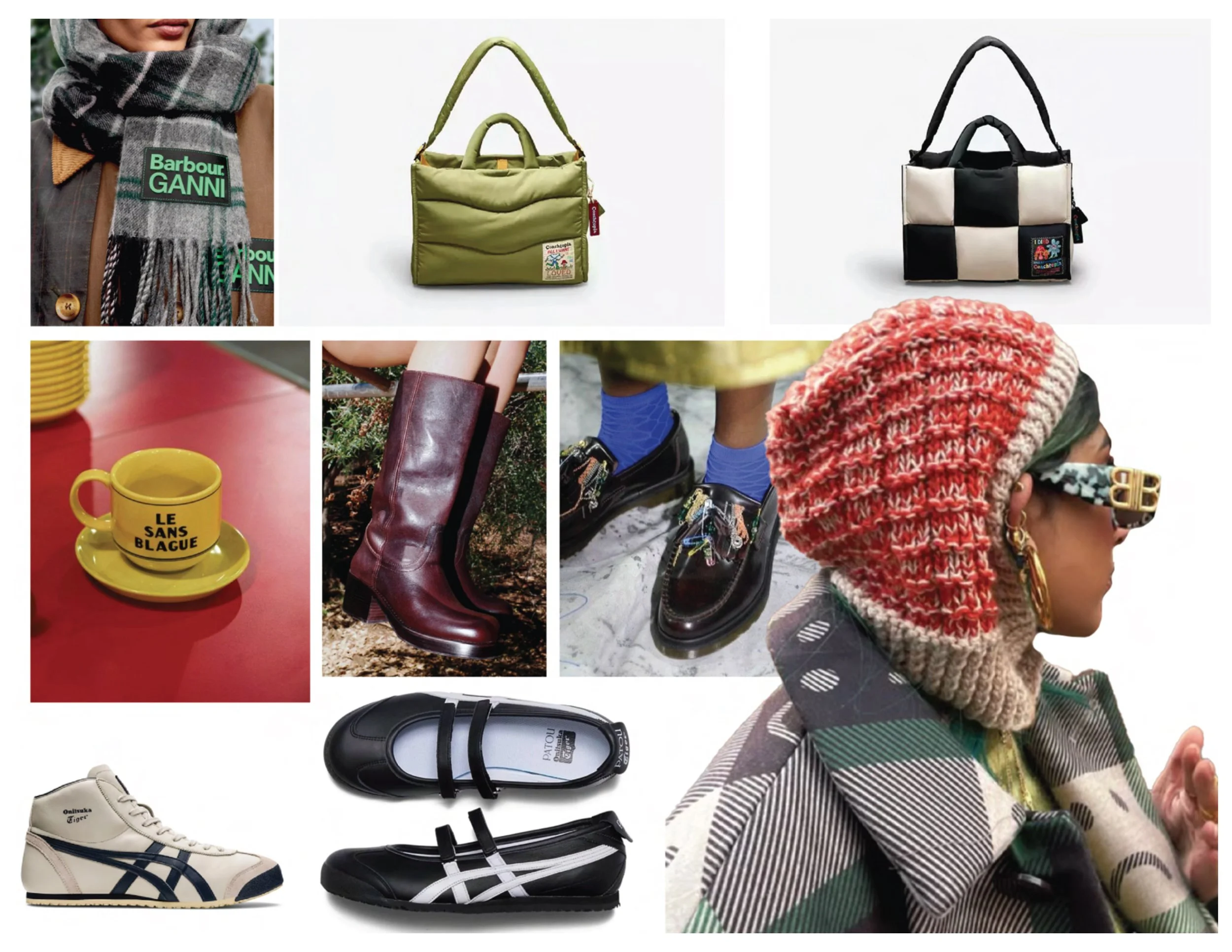 Collage of fashion and lifestyle items including handbags, boots, shoes, a coffee cup, and a person wearing a patterned coat, knit hat, and statement earrings.