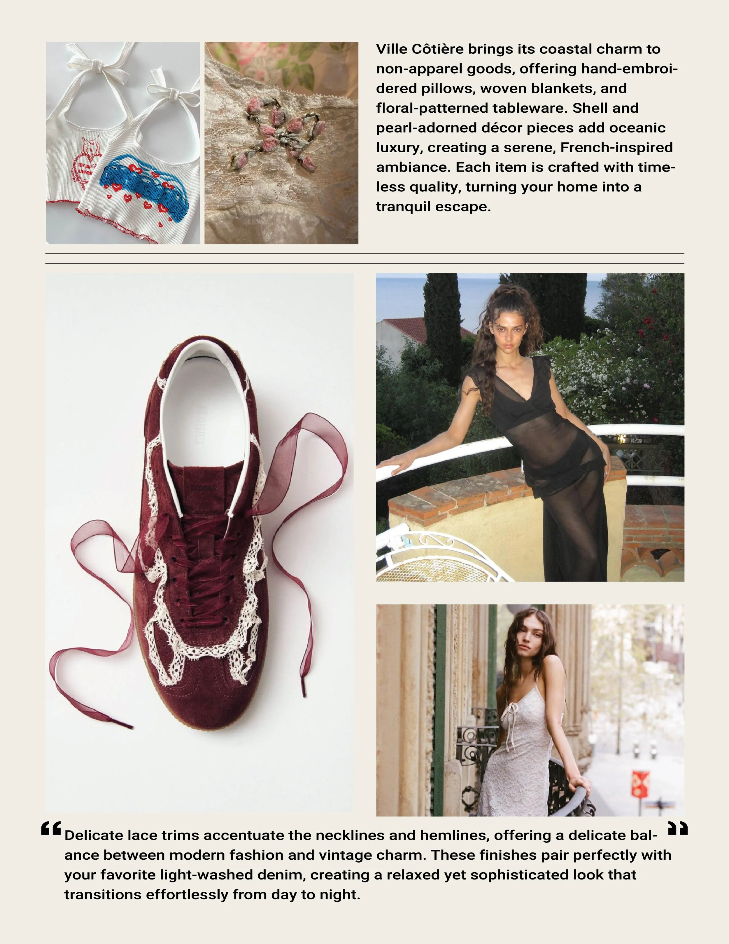 Collection of coastal-inspired home decor items including embroidered pillows, woven blankets, floral-patterned tableware, a maroon sneaker with lace trim, a woman in black sheer dress outdoors, and a woman in lace dress standing by a balcony.
