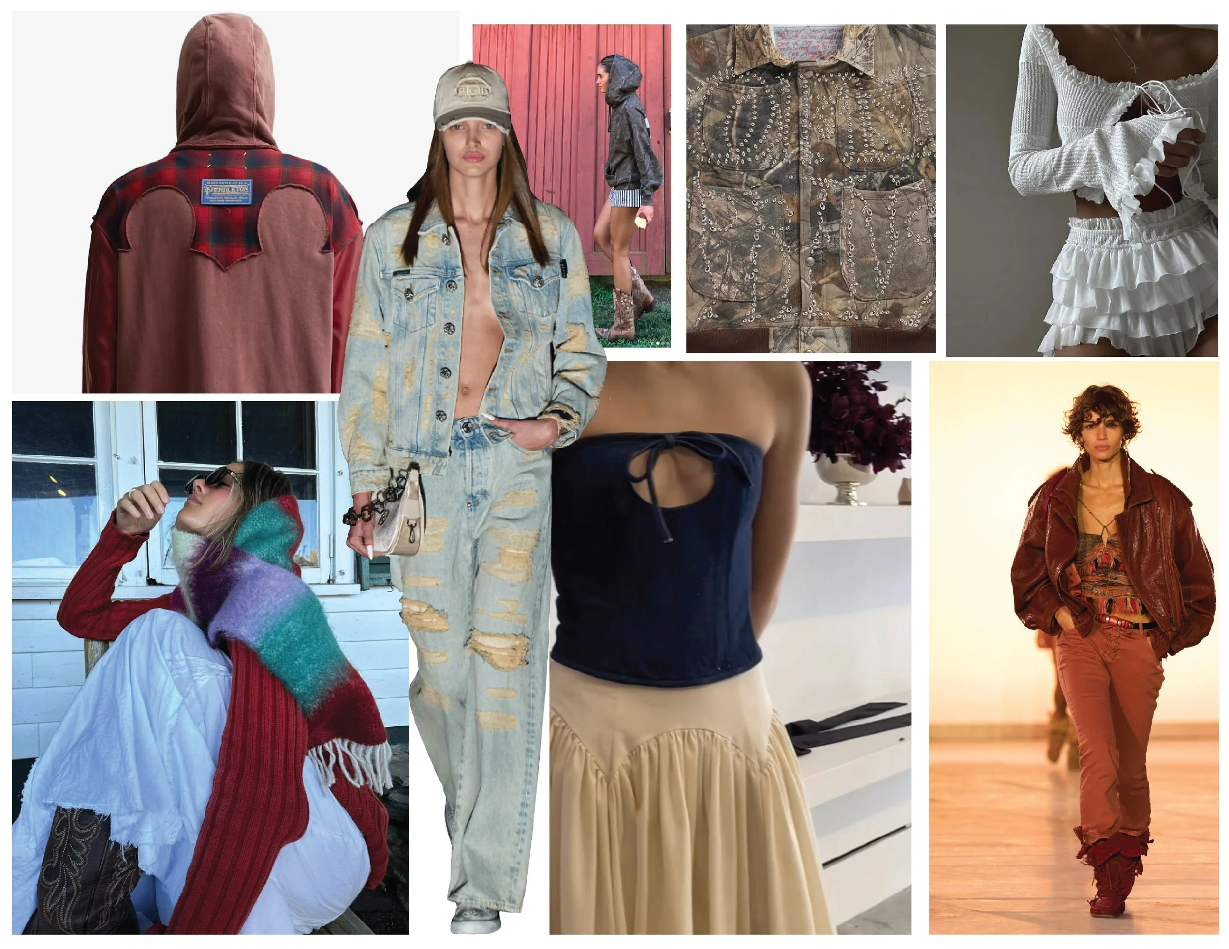 Collage of various fashion styles including a person wearing a hoodie and plaid jacket with patches, a woman in distressed denim jacket and jeans, a person in a rainbow-colored sweater and sunglasses, a woman in a strapless black top and cream skirt,