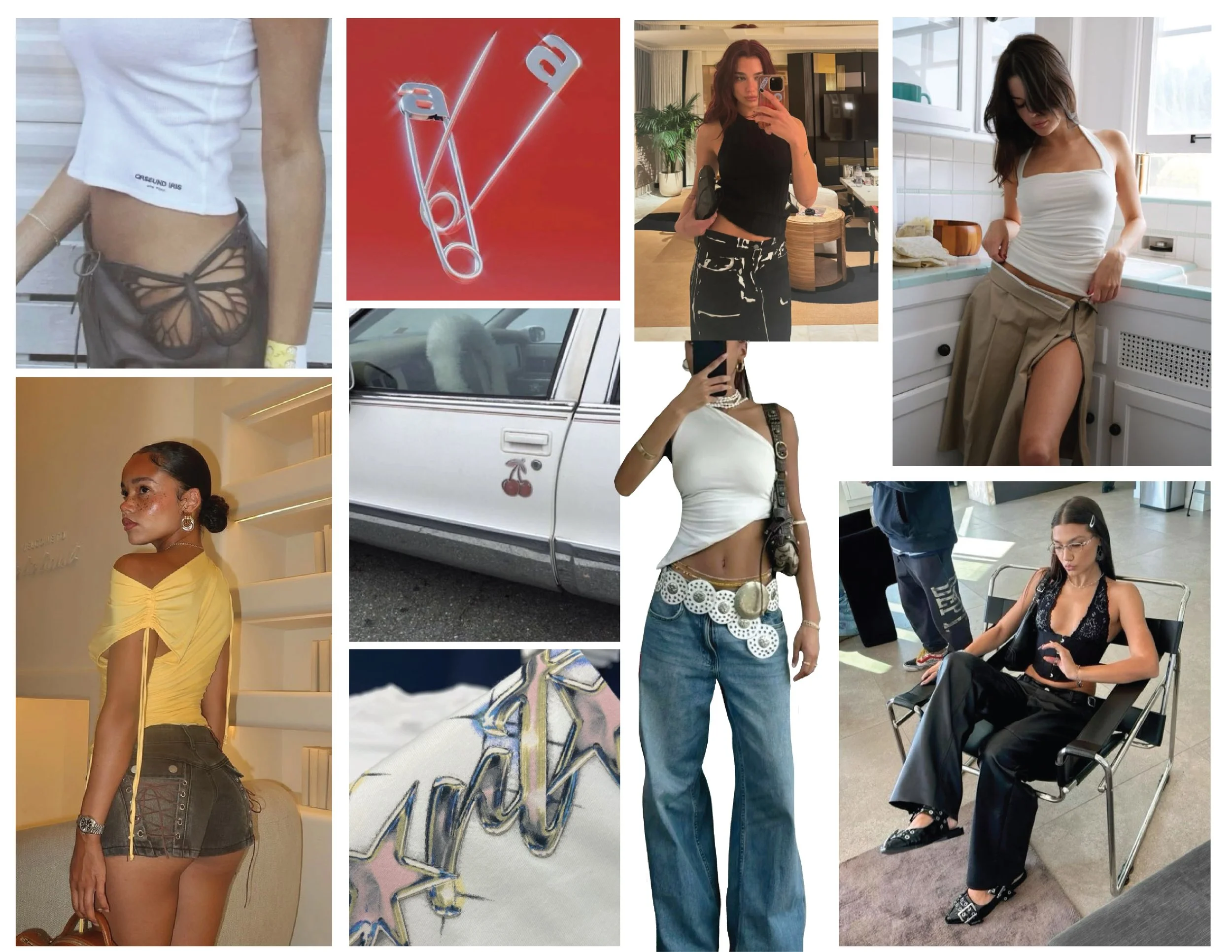 Collage of fashion and lifestyle images, including women in stylish outfits, a vintage car with cherries decals, neon light objects, and a neon sign with the word 'art'.