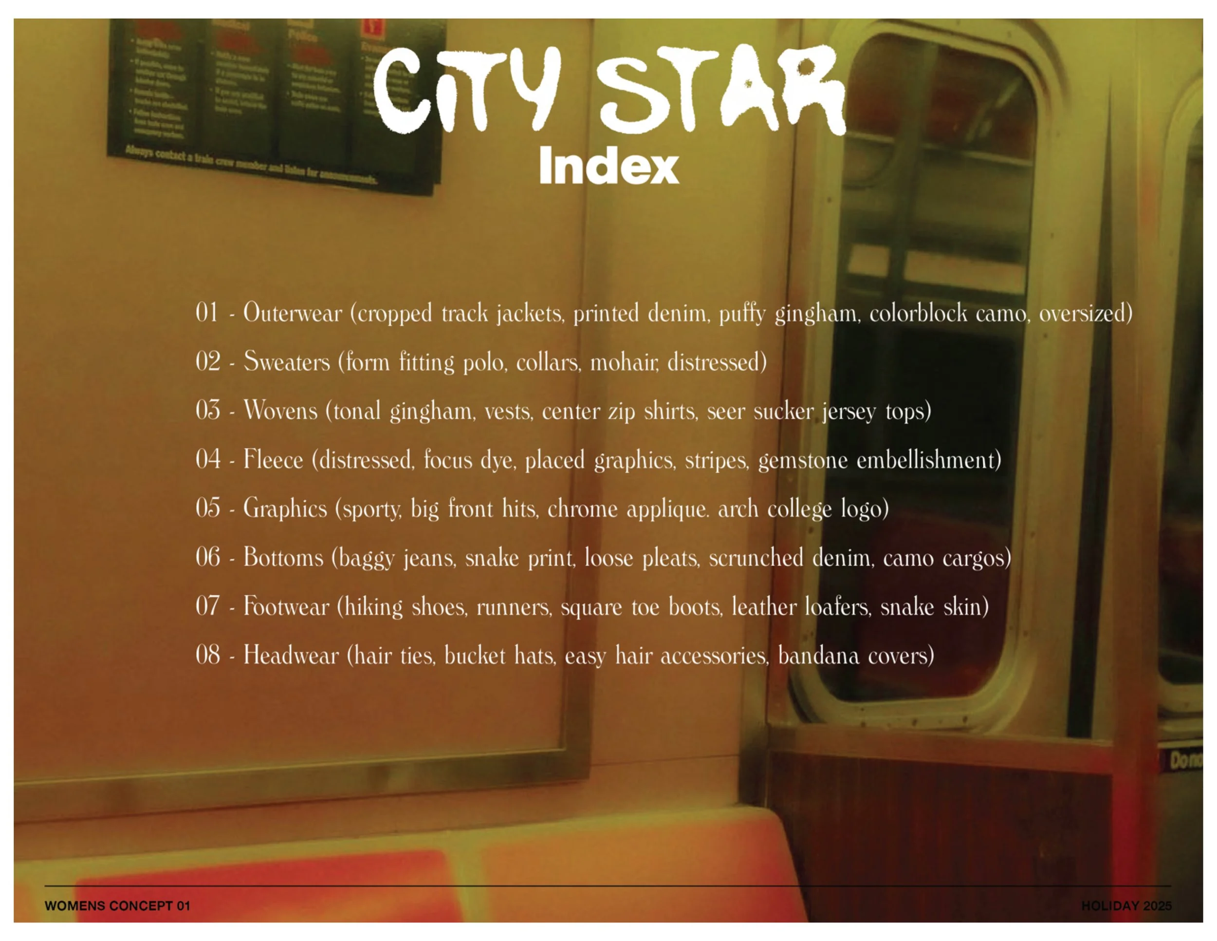 A sign on a train features a list of clothing and accessory categories, including outerwear, sweaters, wovens, fleece, graphics, bottoms, footwear, and headwear, with descriptions for each category.