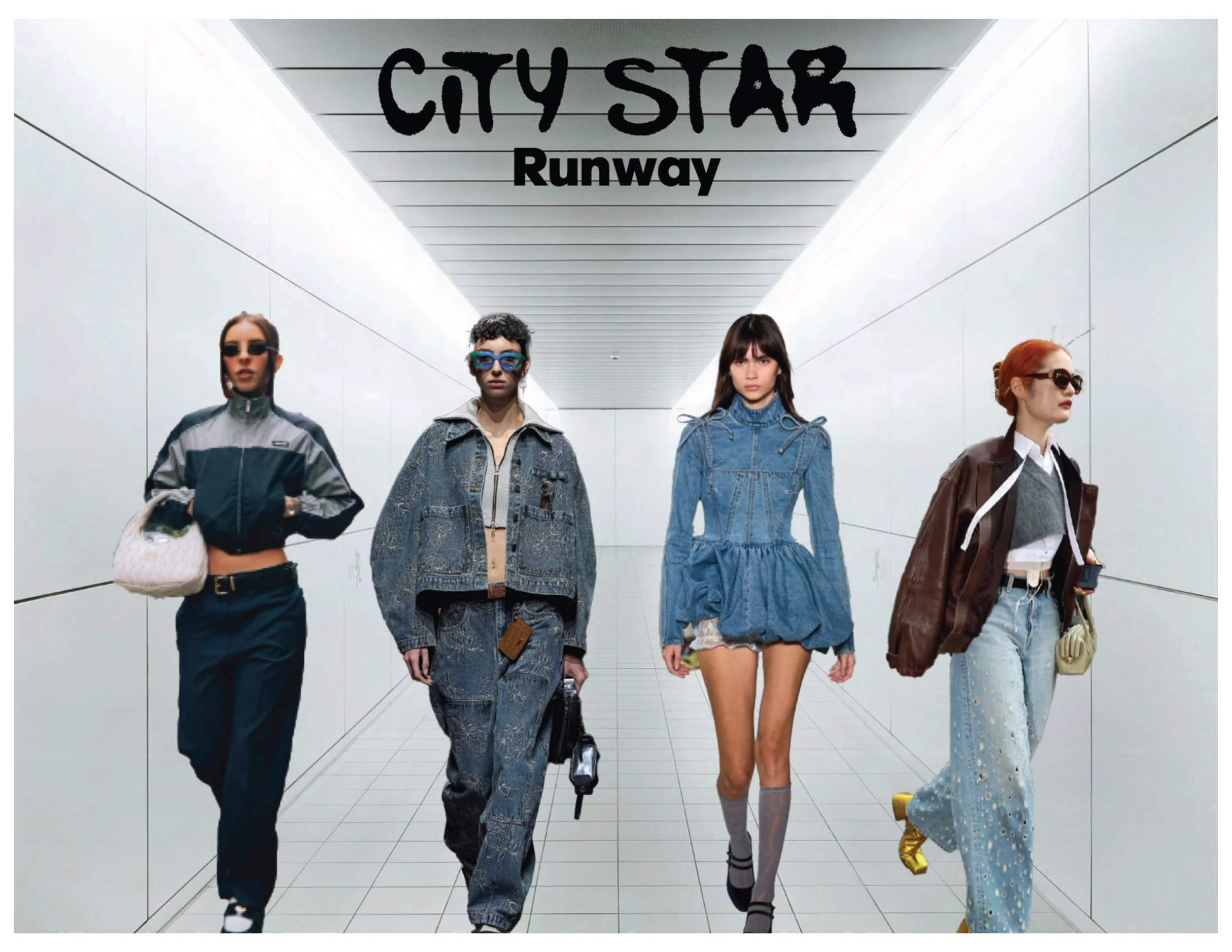 Four fashionable women walking in a futuristic, white, underground corridor with the words 'City Star Runway' displayed above them.