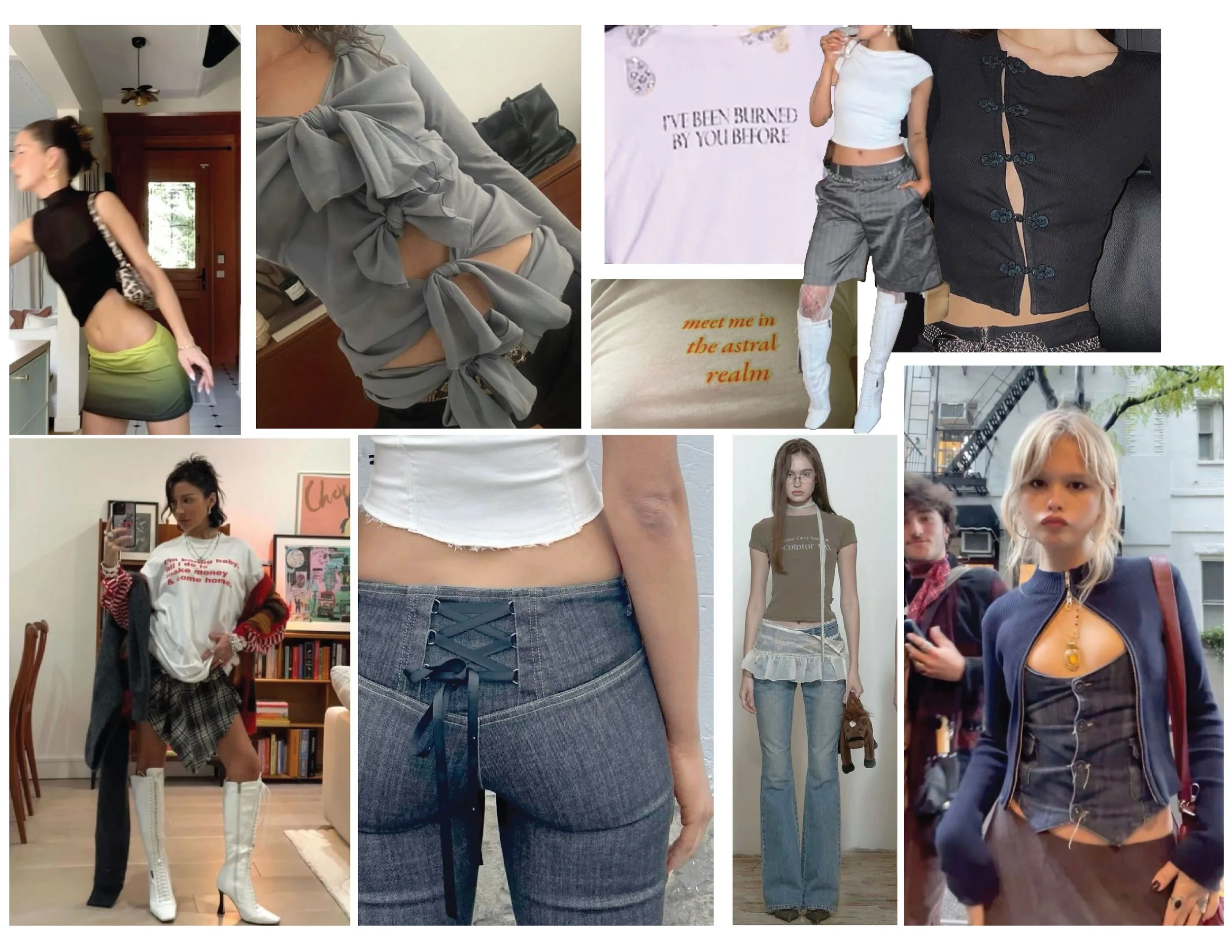 Collage of multiple women in various fashionable outfits, including crop tops, jeans, skirts, and accessories, in different indoor and outdoor settings.