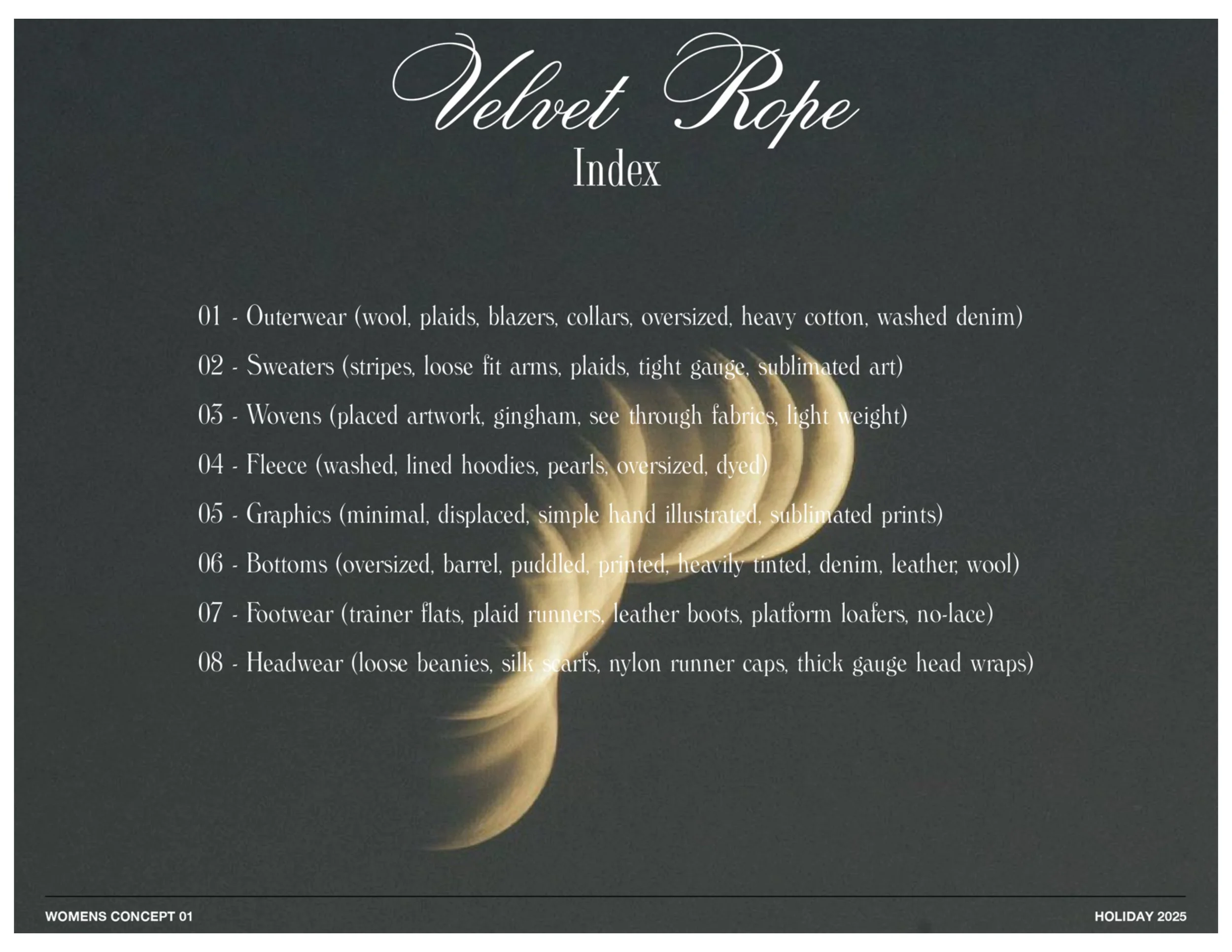 Index of Velvet Rope women's clothing collection, including outerwear, sweaters, wovens, fleece, graphics, bottoms, footwear, and headwear, with descriptions of materials and styles, set against a dark background with a faint moon illustration.