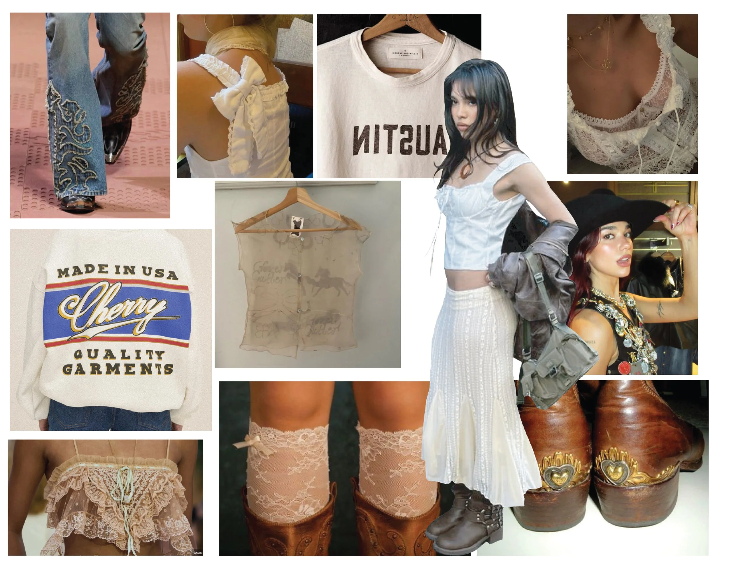 Collage of clothing and fashion items including jeans, a yellow top with bows, a white sweatshirt with text, lace camisoles, a sheer blouse, a graphic sweatshirt from Cherry, a white canto top, a lingerie slip, lace thigh-high stockings, a white skir