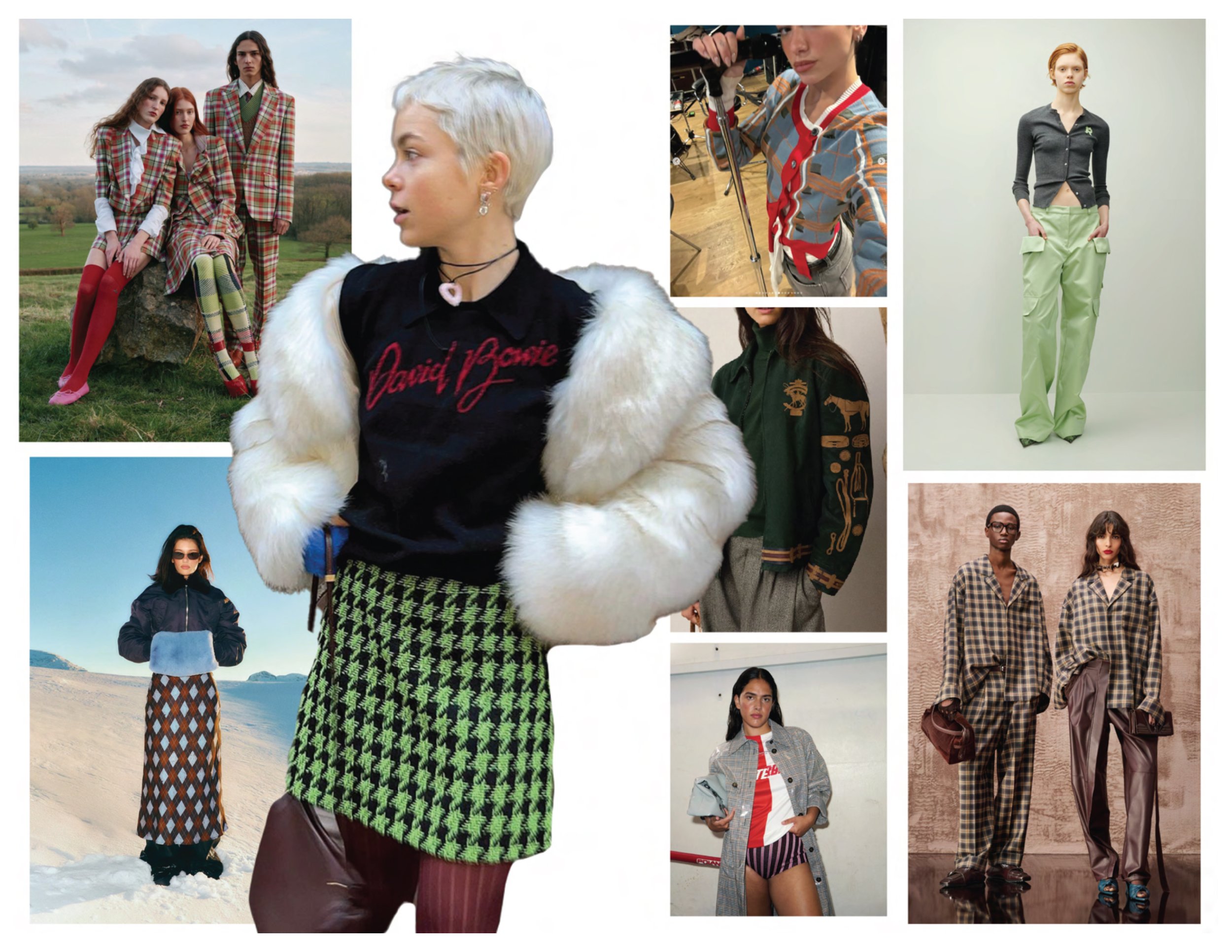 Collage of various models wearing different fashion styles, including plaid patterns, colorful outerwear, and casual athletic wear in diverse outdoor and indoor settings.
