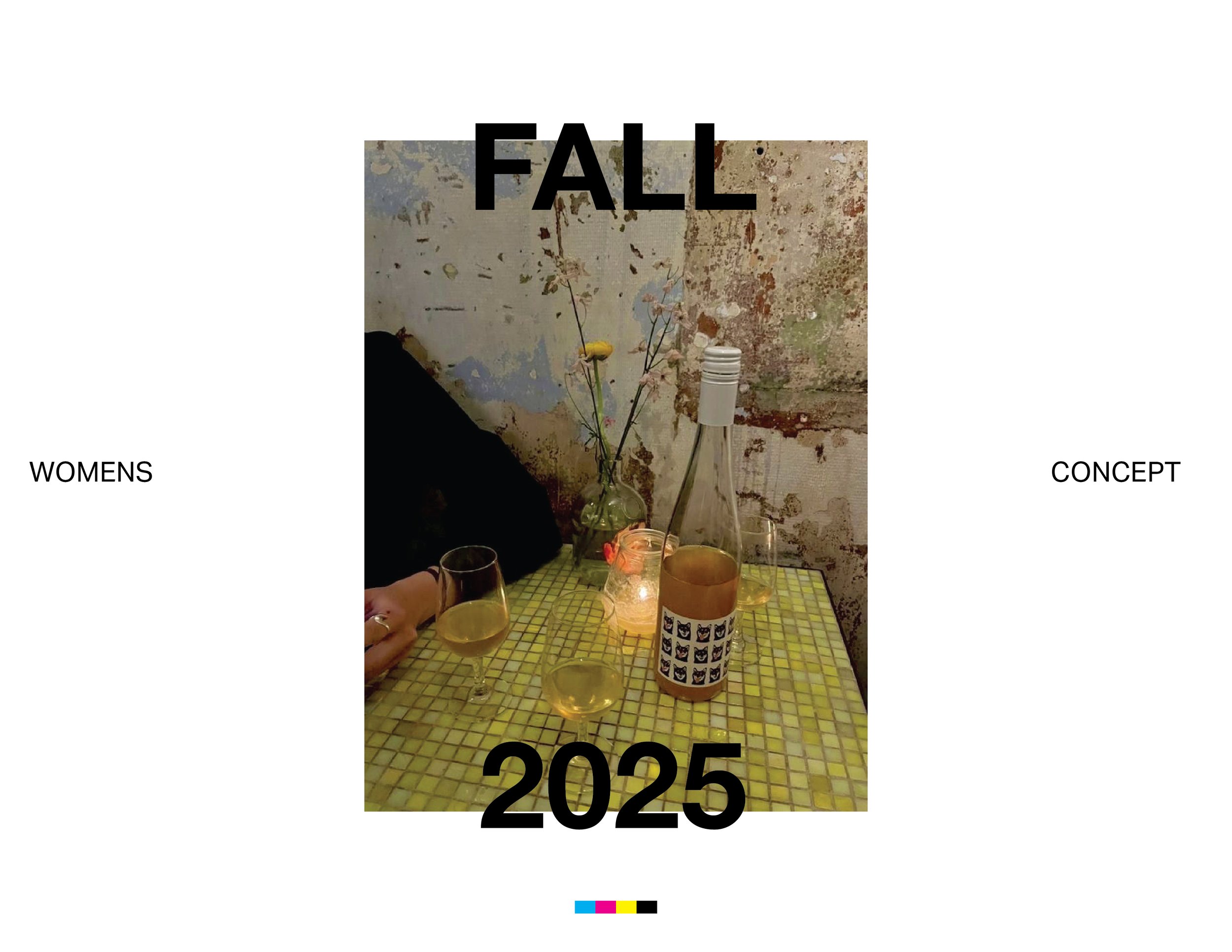 A table with four glasses of wine, a bottle, and a lit candle in a glass holder, all set against a textured, weathered wall. The word 'FALL' is in large black letters at the top, and '2025' is at the bottom. The left side has 'WOMENS' written, and th