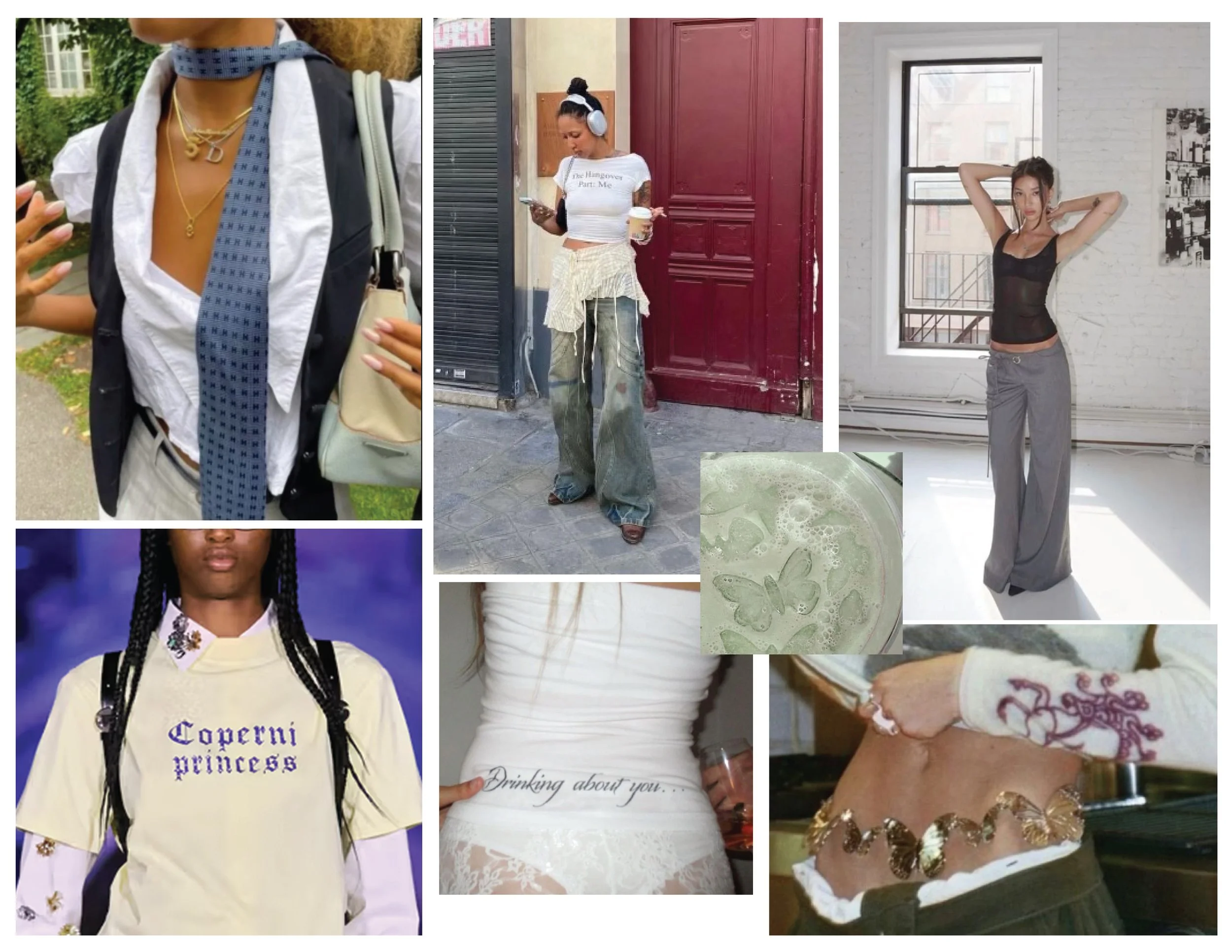 Collage of seven photos featuring women in various outfits and settings. Top left shows a woman with layered necklaces and a scarf, wearing a white shirt and a jacket. Top center shows a woman with headphones, holding a cup, dressed in a white crop t