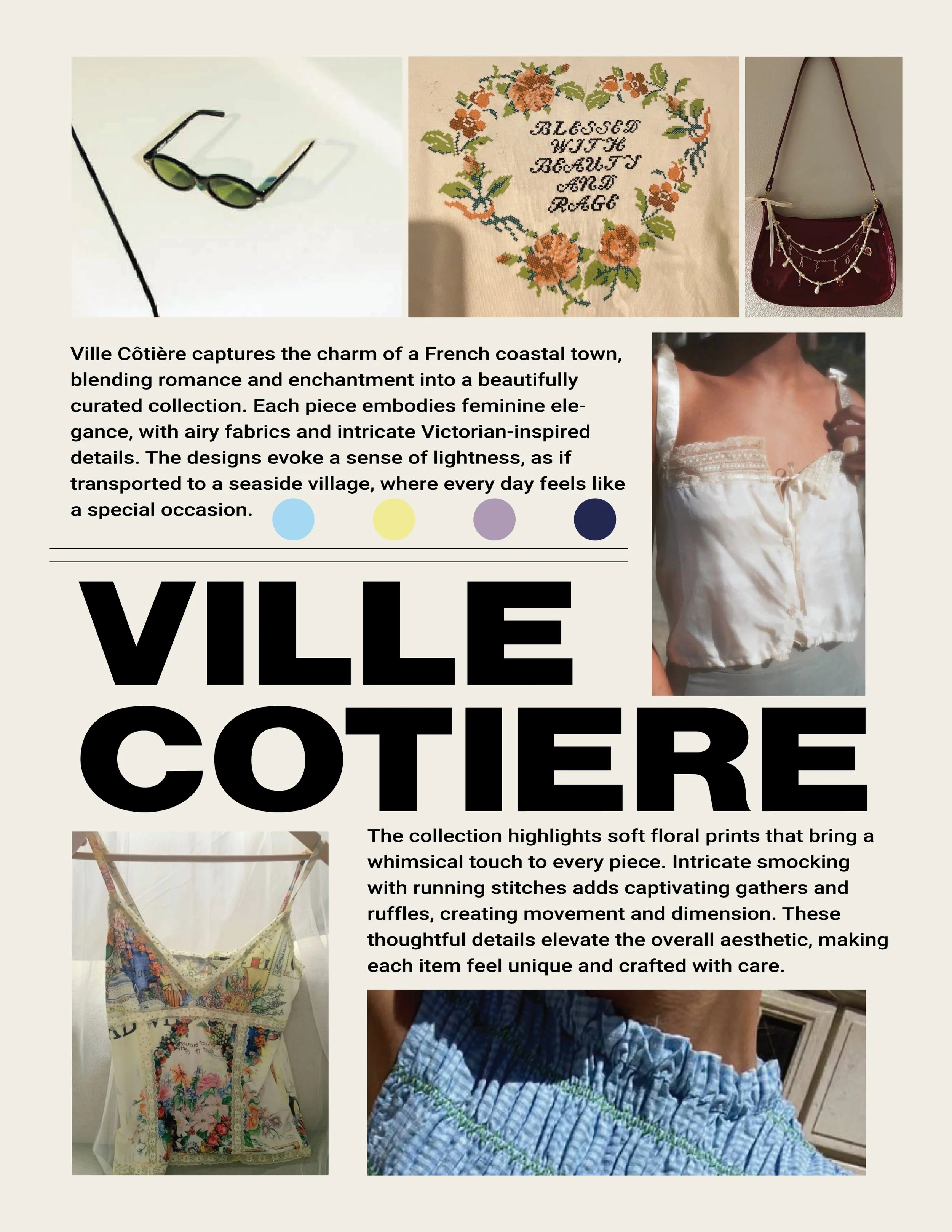 Collection poster for Ville Côtière features images of sunglasses, floral embroidery, handbag, woman in satin blouse, embroidered bag, and a piece of blue-ruffled fabric with descriptive text about the collection.