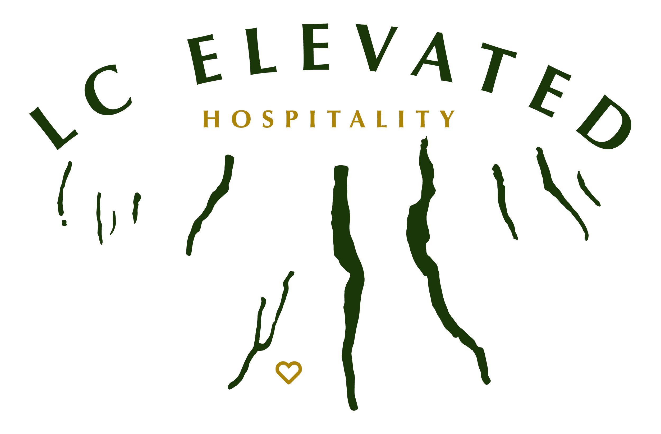Logo with the words 'Local Elevated Hospitality' and green abstract plant roots or tentacles, with a small heart symbol at the bottom.
