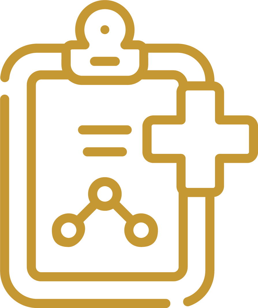 Ícone de um prontuário de saúde com símbolo de cruz e gráfico de dados