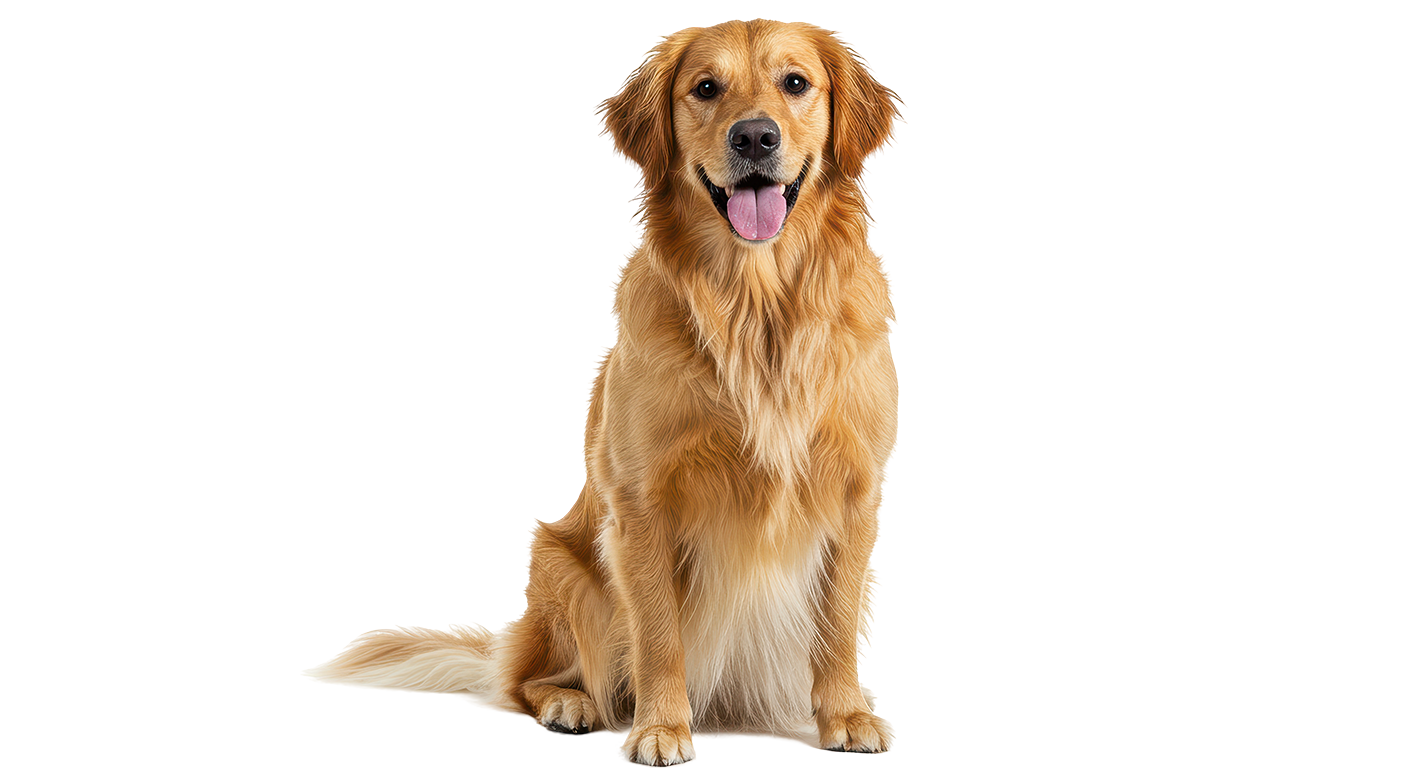 Cachorro dourado sentado com língua para fora, sorriso e olhos brilhantes com a laudapet ressonancia magnética veterinária que é a primeira clinica de especializada em Florianopolis, Santa Catarina