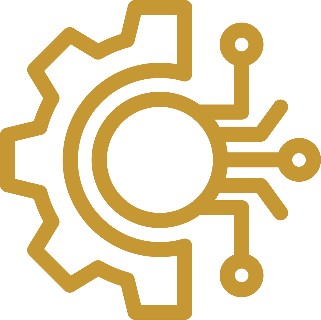 Ícone dourado de engrenagem com circuitos eletrônicos, representando tecnologia ou engenharia.