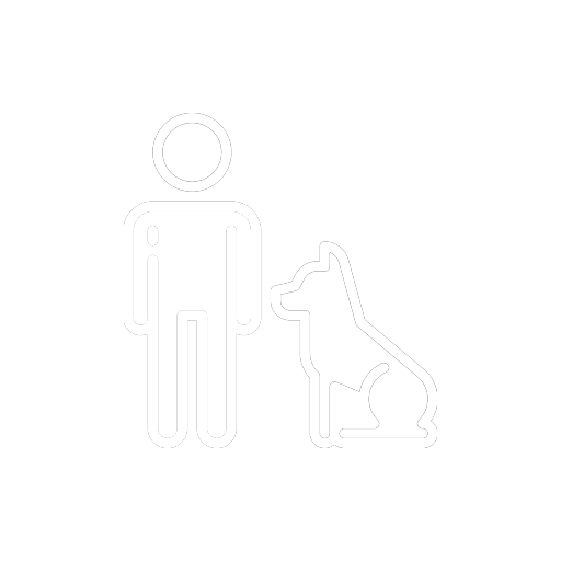 Ícone de um humano e um cachorro sentado lado a lado, ambos representados com linhas brancas em fundo preto, simbolizando posse ou cuidado com o animal de estimação.