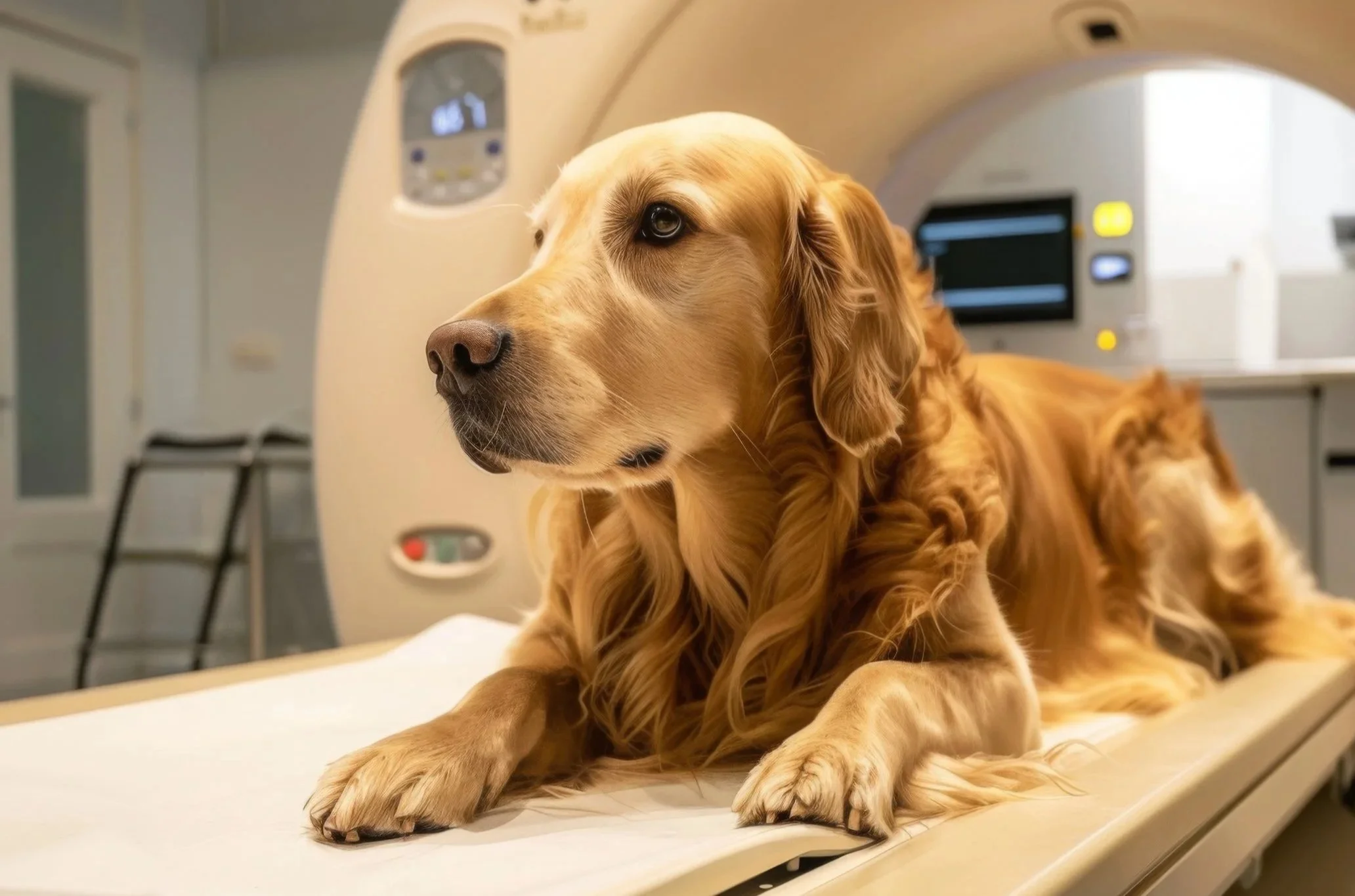 Cachorro da raça Golden Retriever deitado em uma maca de exames de imagem médica, com uma máquina de a ressonancia magnética ao fundo