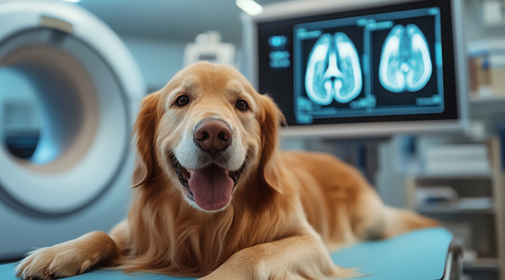 Cachorro Golden Retriever deitado em uma mesa de exame veterinário com scanner de ressonância magnética veterinária da laudapet ao fundo.