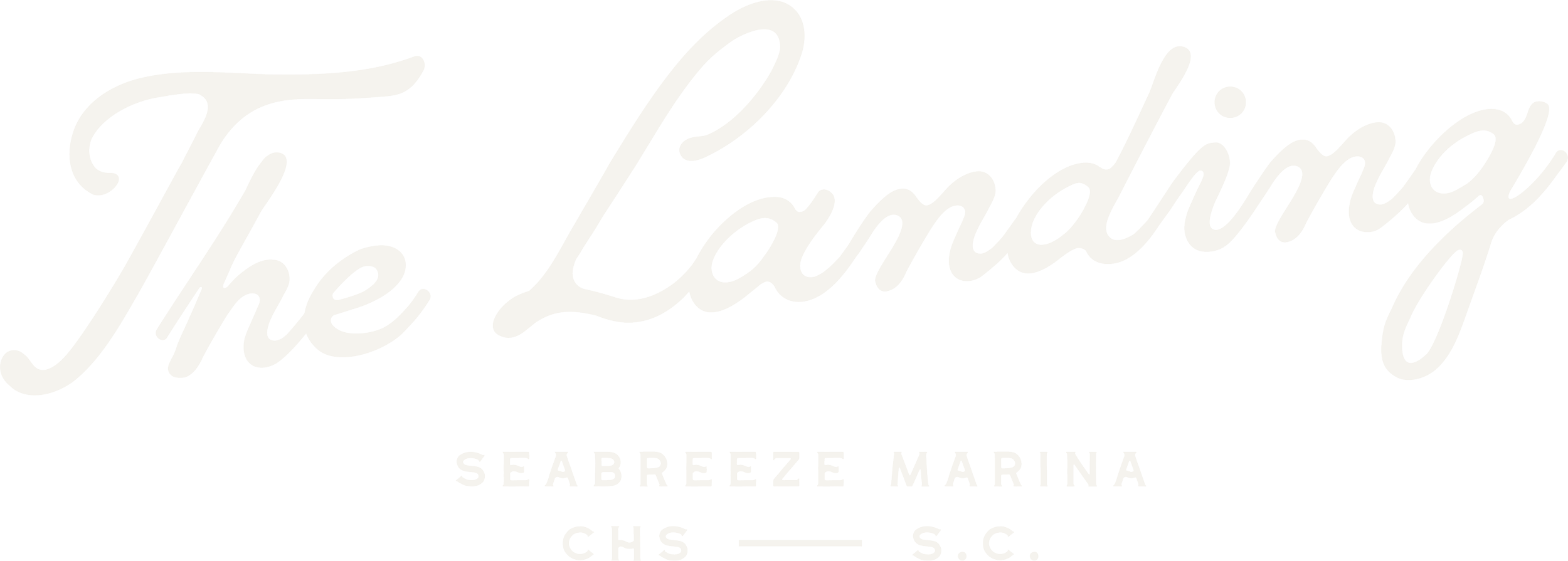 The logo for The Landings Seabreeze Marina featuring cursive text for The Landings with smaller capitalized text below indicating Seabreeze Marina, CHS, and S.C.