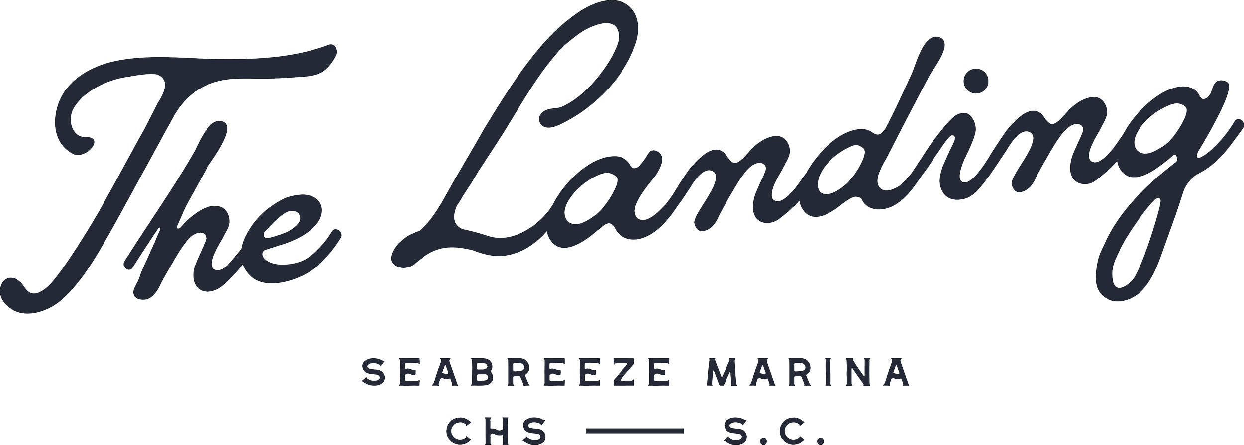 Logotype for The Landmark Seabreeze Marina in Charleston, South Carolina with cursive script and smaller block text.