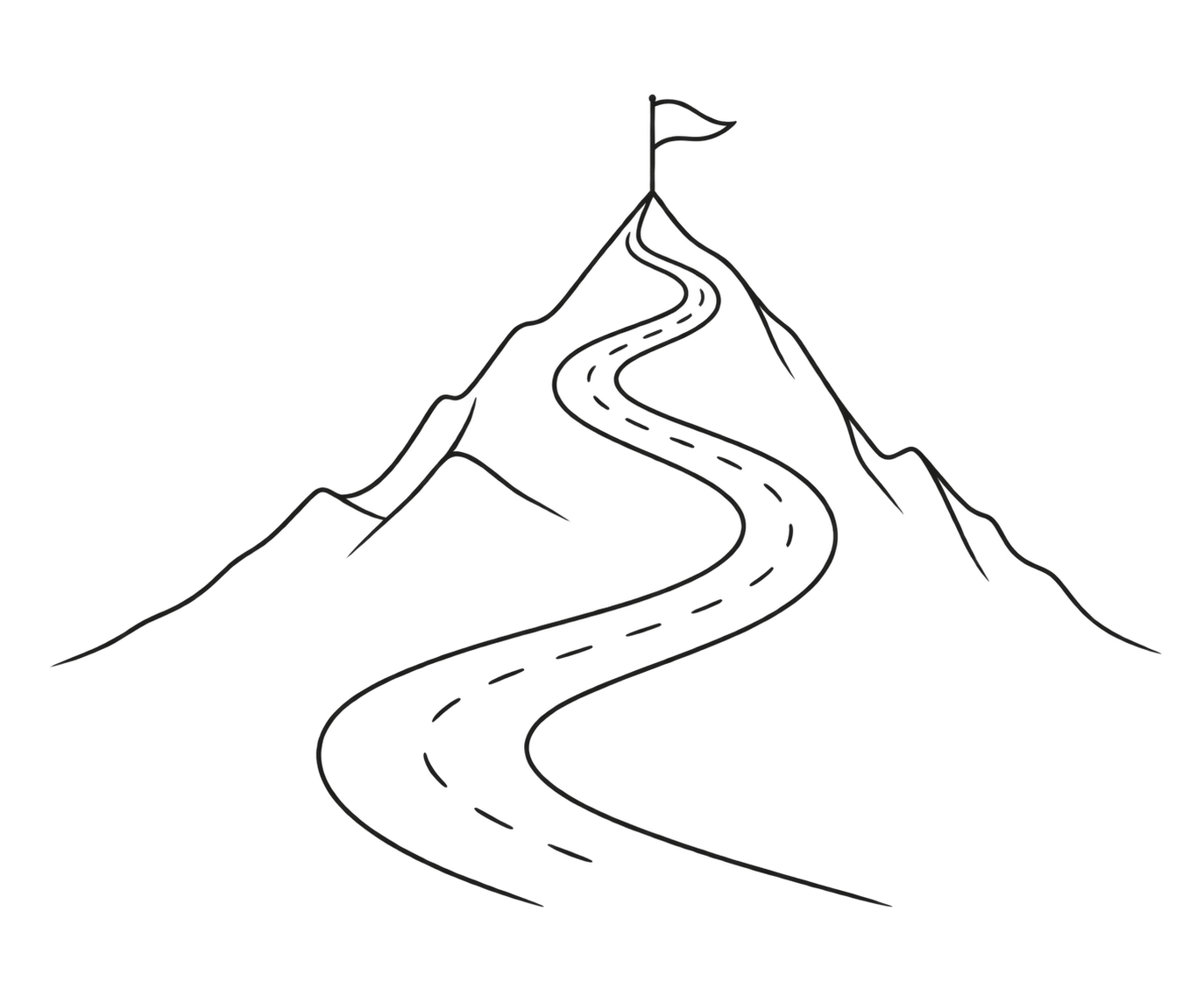 A black and white line drawing of a winding mountain road with a flag at the top. roadmap and moving forward