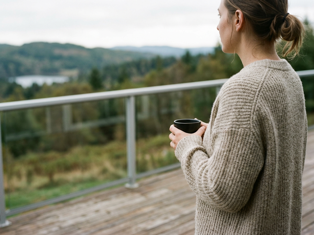 A woman holding a black mug standing on an outdoor balcony with a view of trees and rolling hills.