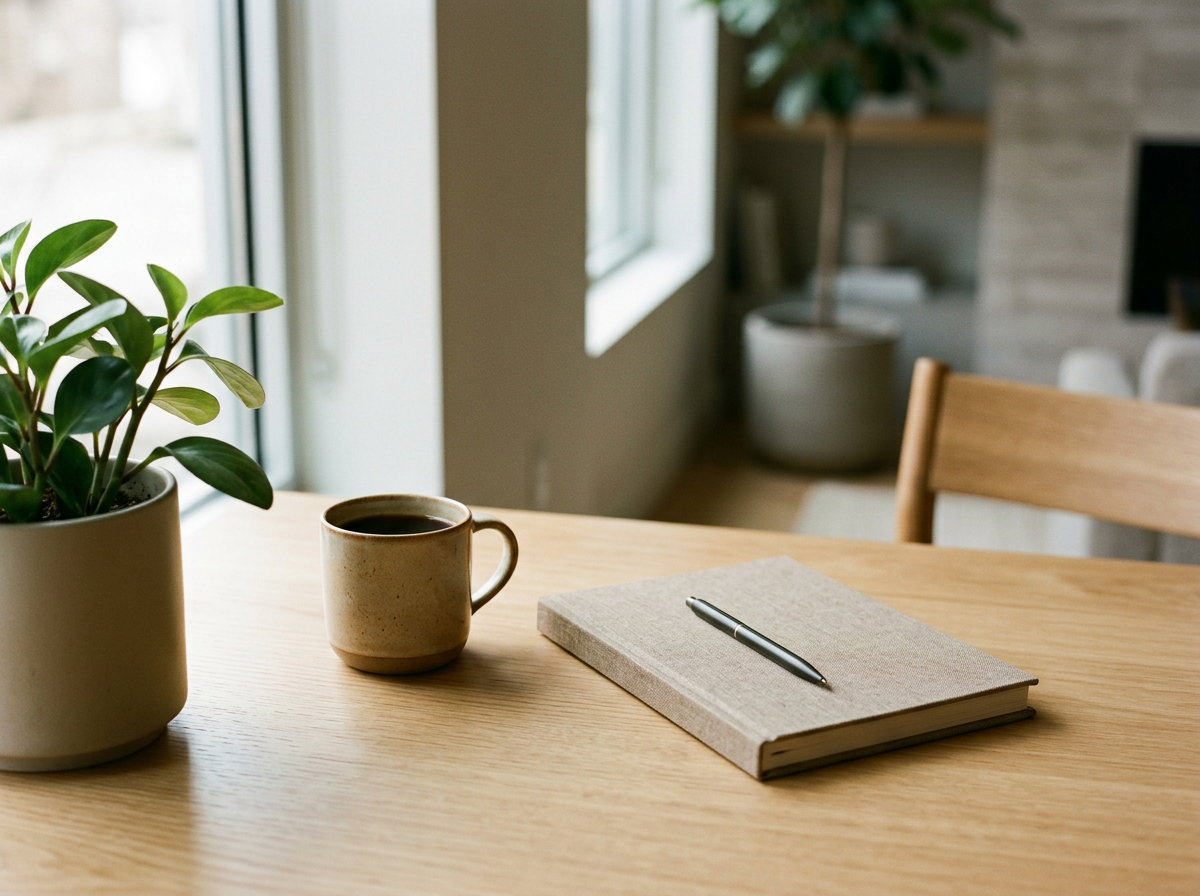 A wooden table with a potted plant, a cup of coffee, a closed notebook, and a pen, in a bright room with a window and houseplant in the background.