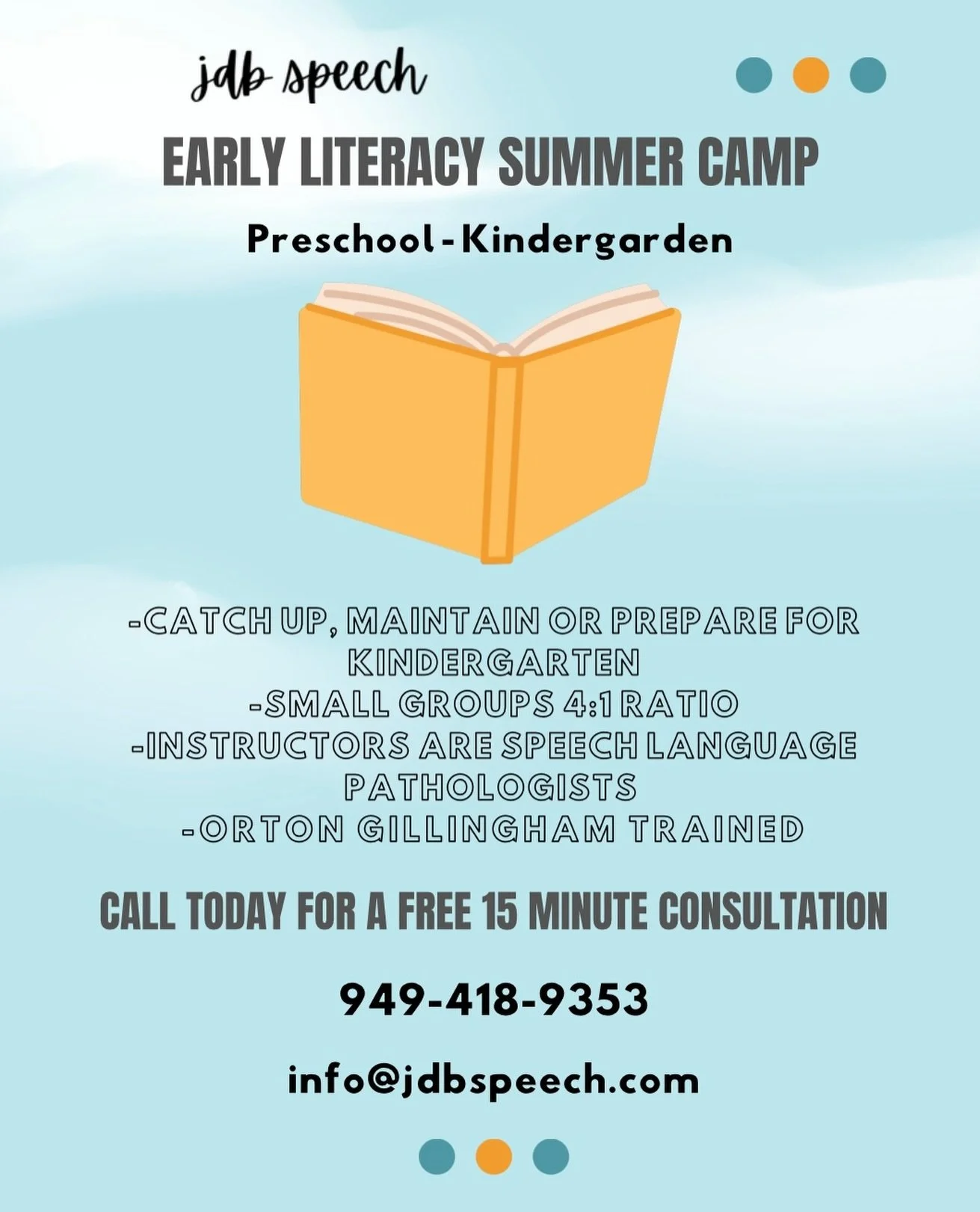 Hi Orange County moms! 🌞📚

JDB Speech is hosting an amazing Early Literacy Summer Camp being offered for Pre-K &ndash; First Grade students &ndash; designed to build strong communication and early reading skills in an engaging, supportive environme