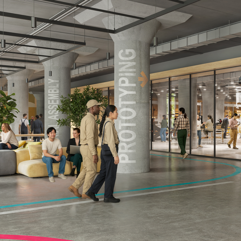 Rendering of prototyping center and hallway in BATWorks permanent facility