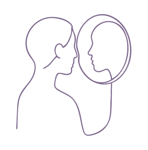 A line drawing of a person looking into a mirror, seeing their reflection.