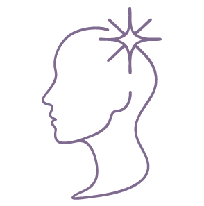 Line drawing of a human head in profile with a brain diagram inside. The spark is meant to depict the benefits of talk therapy, brainspotting, and psychedelic therapy.