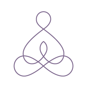 A minimalist purple line drawing of a person sitting in a lotus position with a heart shape in the center.