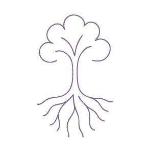 A minimalist, stylized illustration of a tree with roots, drawn in purple lines.