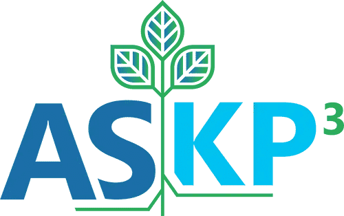 Logo for ASK P3 featuring a blue and green stylized plant growing from the letter 'A', with the letters 'ASK' in bold blue font and the letter 'P' partly integrated into the plant stem.