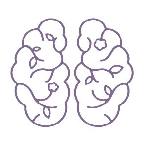 Outline illustration of a human brain with leaves. The leaves and flowers are meant to depict the benefits of medication, ketamine, and psychedelics - especially their benefit in neuronal growth and neurplasticity