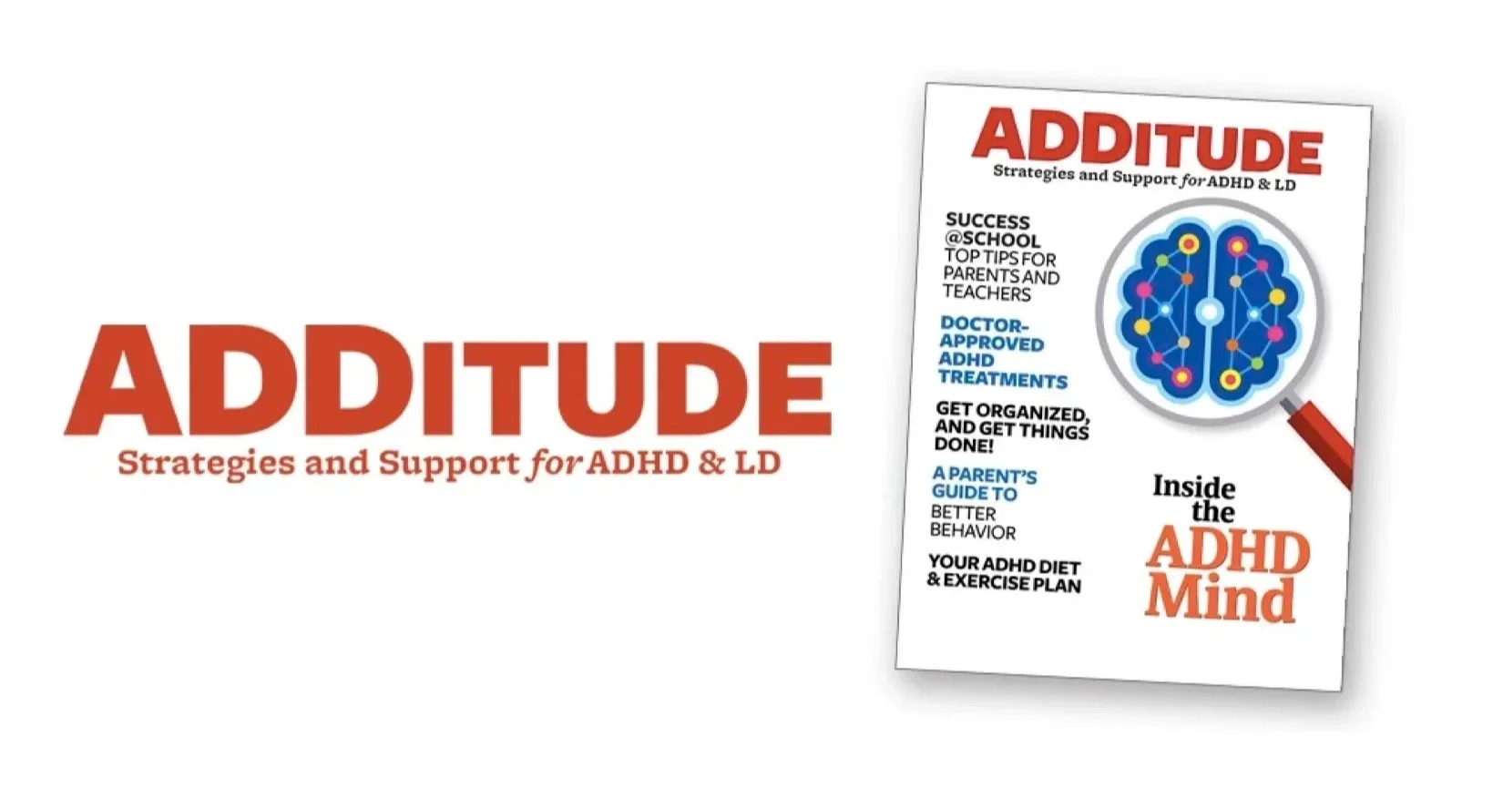Cover of a guidebook titled 'Additude' with a brain graphic and additional text about ADHD strategies, support, and treatments.