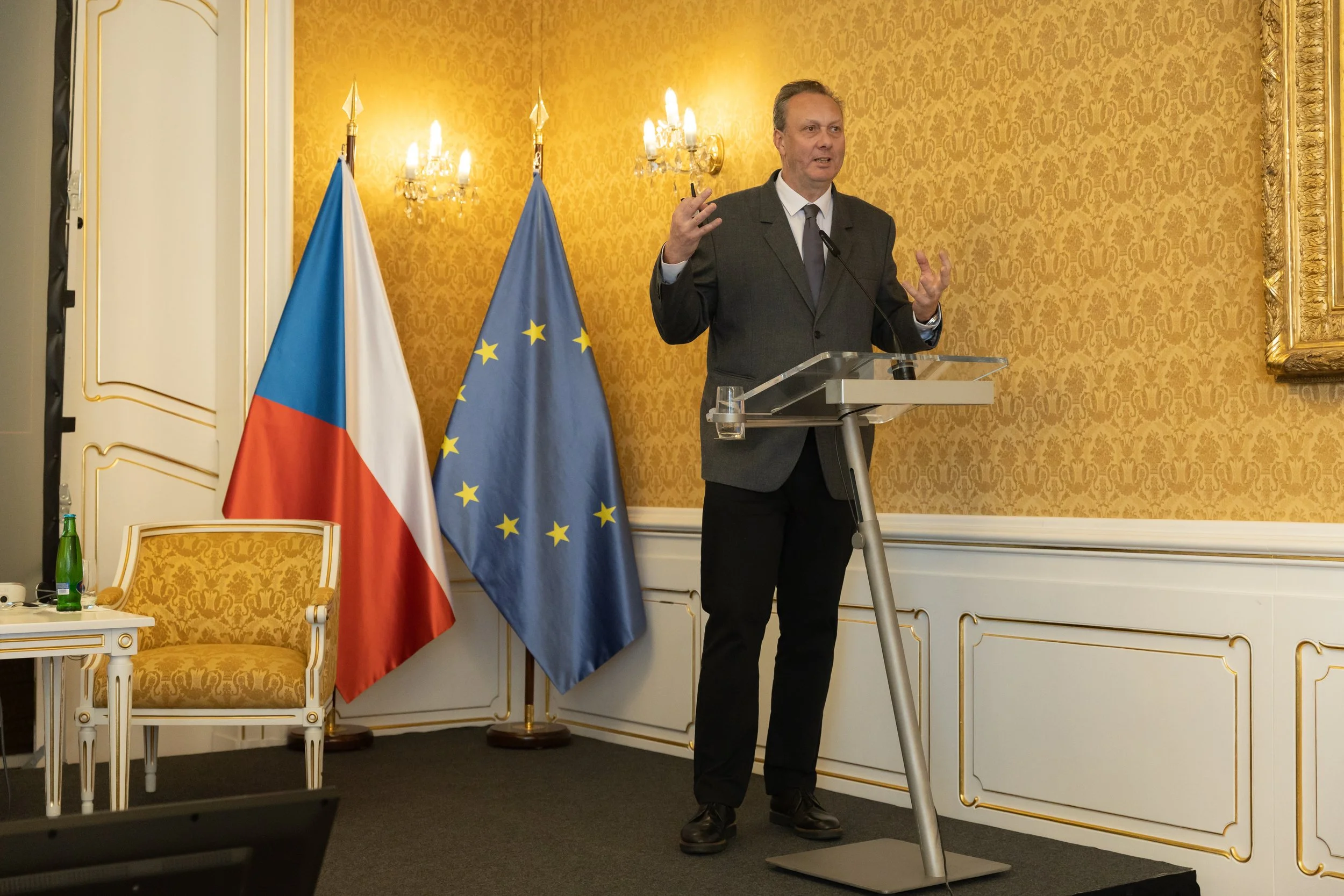 A man in a suit speaking at a podium in a formal room with yellow patterned wallpaper, with French and European Union flags behind him.