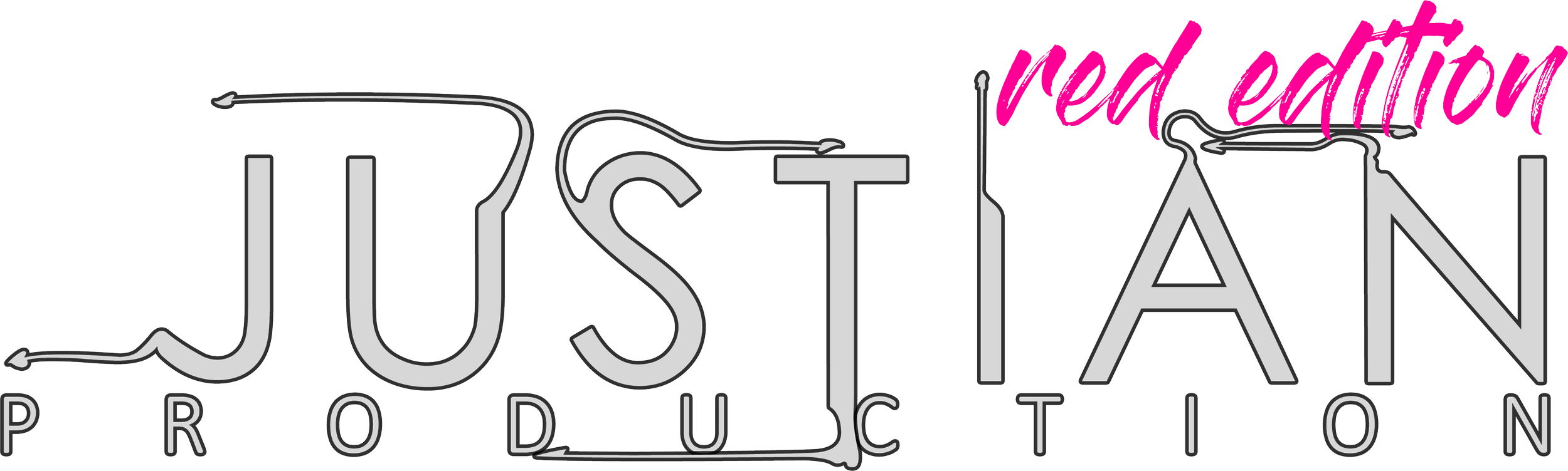 Logo of the musical 'Justian' with the words 'Red Edition' written in pink.