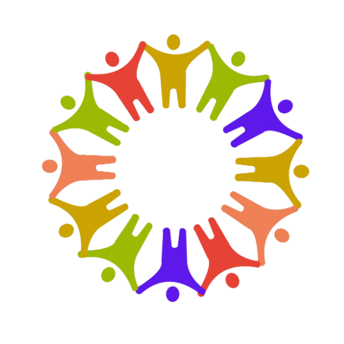 A colorful, circular arrangement of stylized human figures holding hands in a ring.