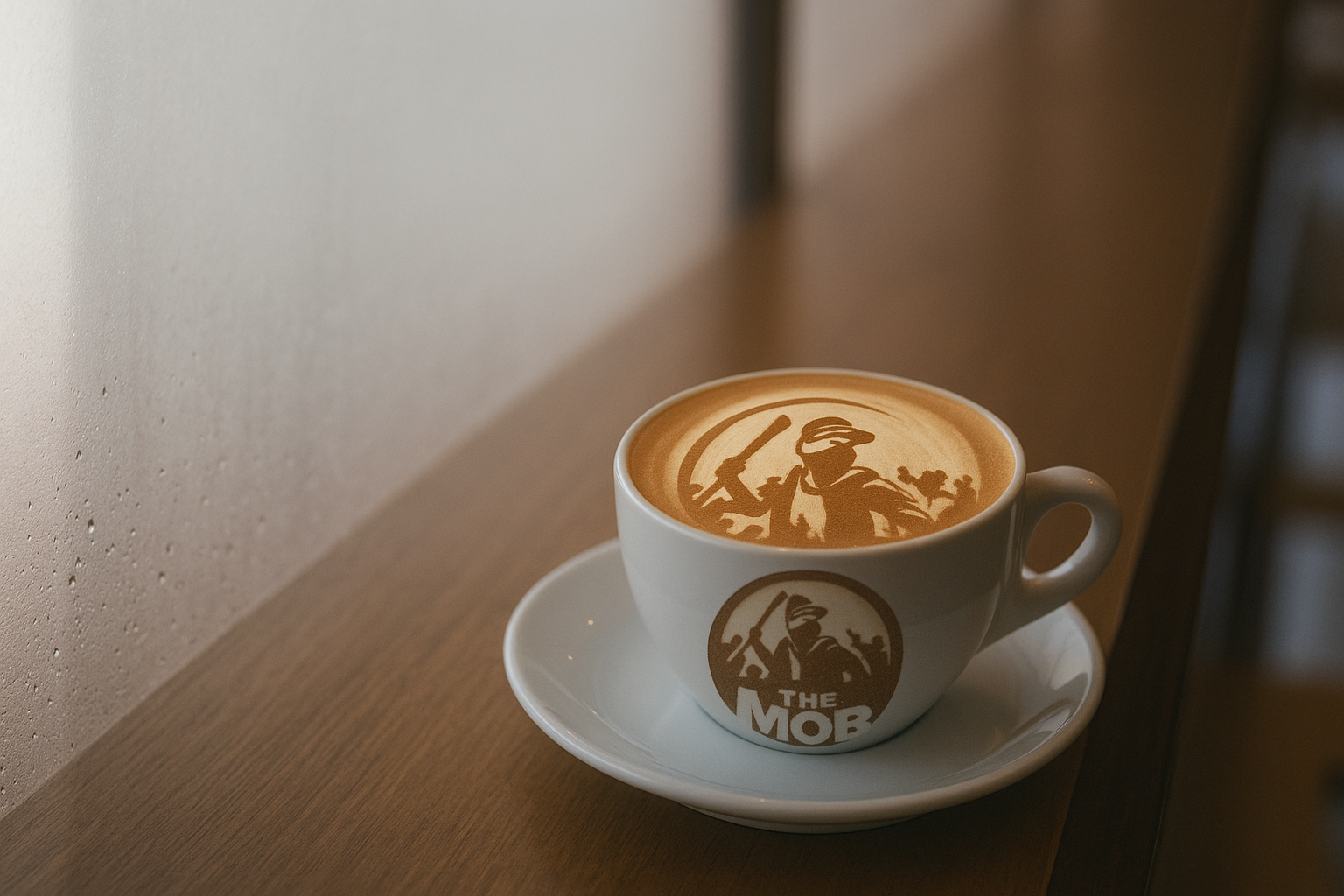 A cup of coffee with latte art of a person holding a wrench, with a baseball cap and face mask, sitting on a motorbike. The cup has a logo that says 'THE MOB' and is placed on a white saucer on a wooden surface.