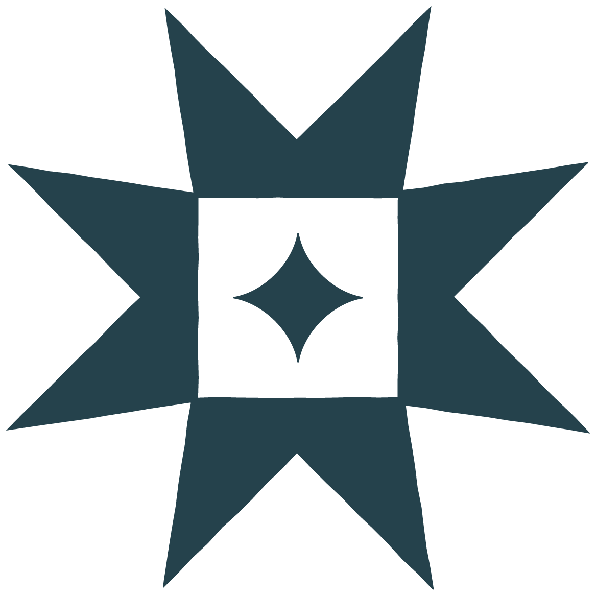 A stylized black starburst design with a white square in the center containing a smaller black four-point star.