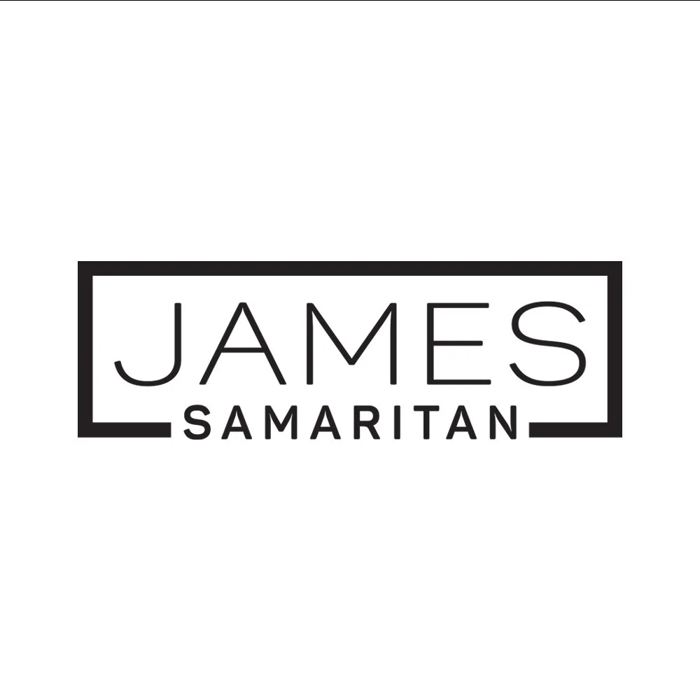 Black and white logo with the name 'James Samaritan' inside a rectangular border.