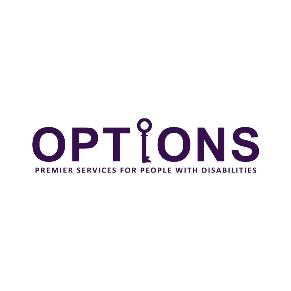 Logo for OPTIONS, a service providing premier services for people with disabilities. The logo features the word 'OPTIONS' in purple, with the 'I' stylized as a wheelchair symbol, and the tagline 'Premier Services for People with Disabilities' underneath.